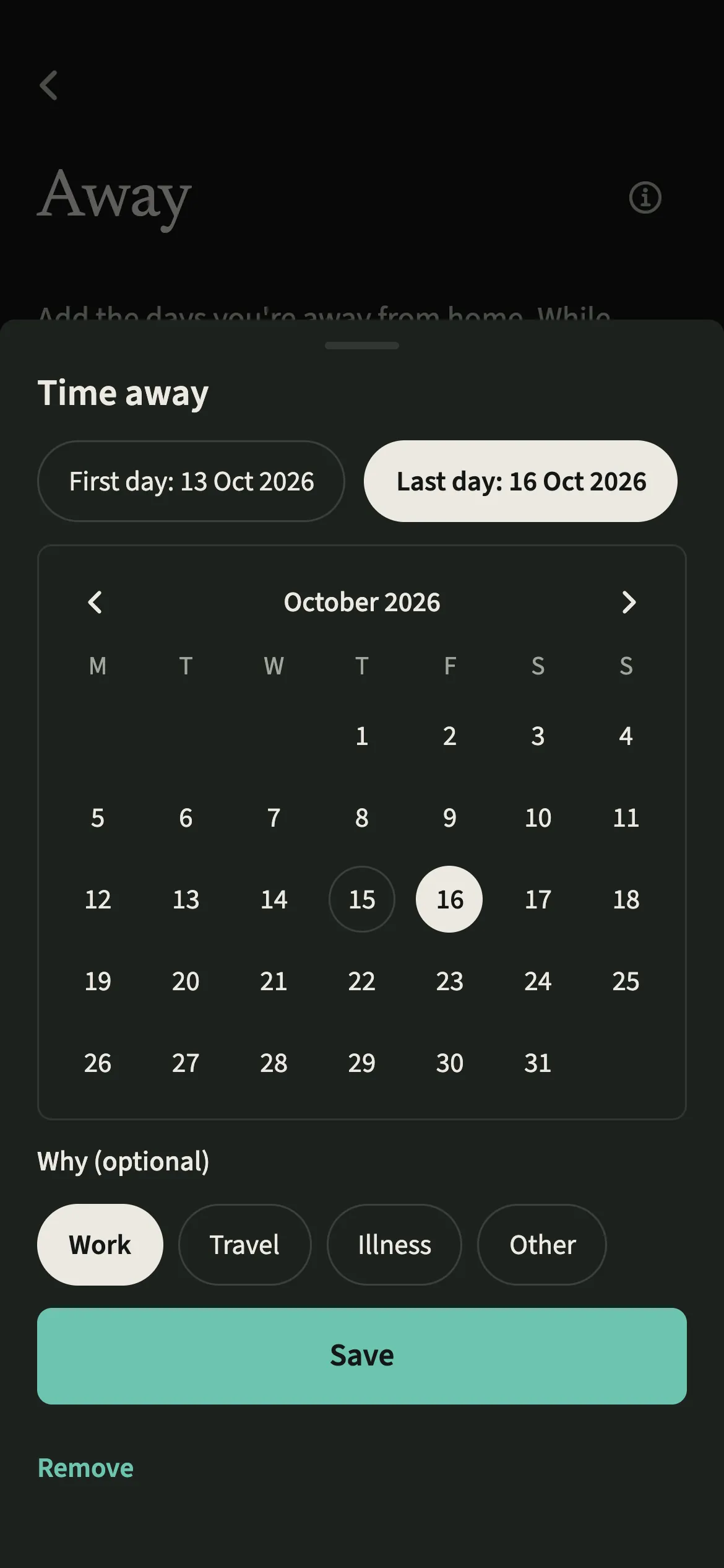 The EvenUS Time away sheet in dark mode with a first and last day picked on the calendar and Work chosen as the reason