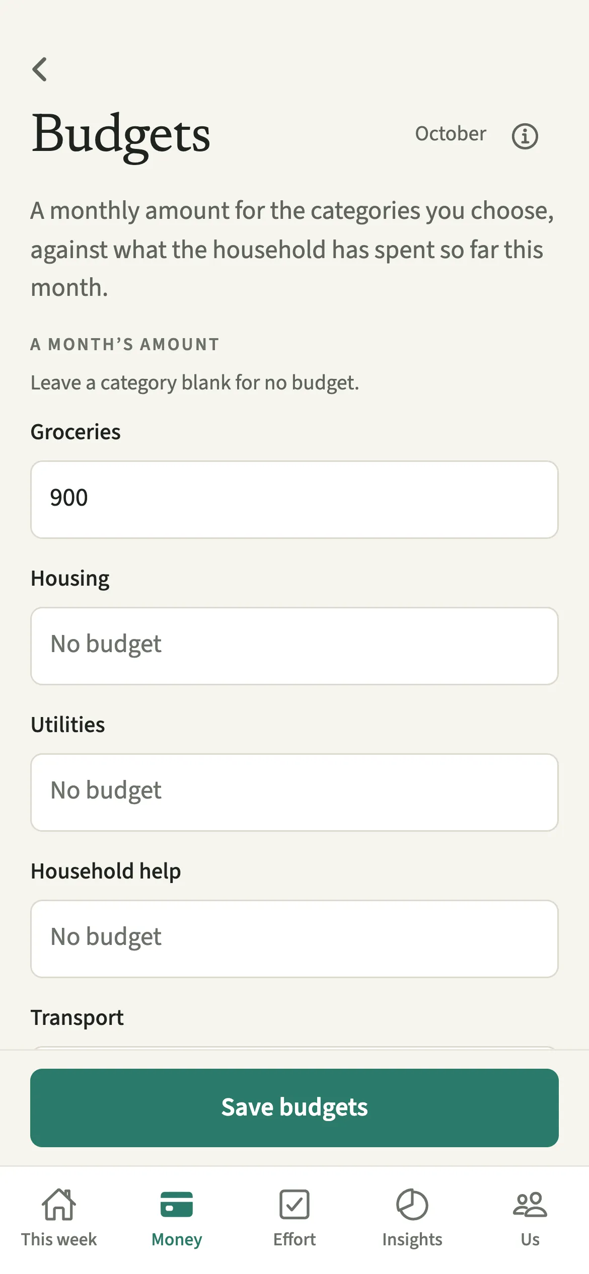 Setting budgets in EvenUS, with a monthly amount entered for groceries and the other categories left blank