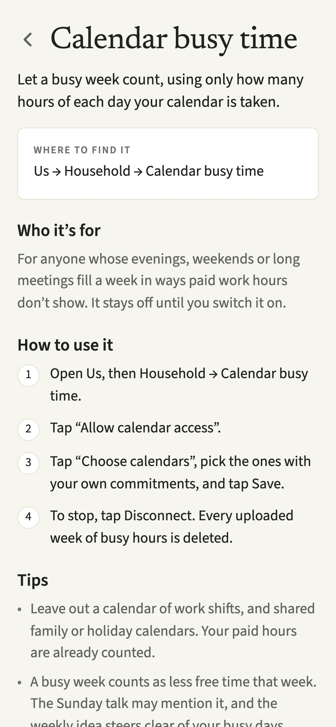 The EvenUS guide for Calendar busy time, showing where to find it, who it is for and the steps to choose calendars