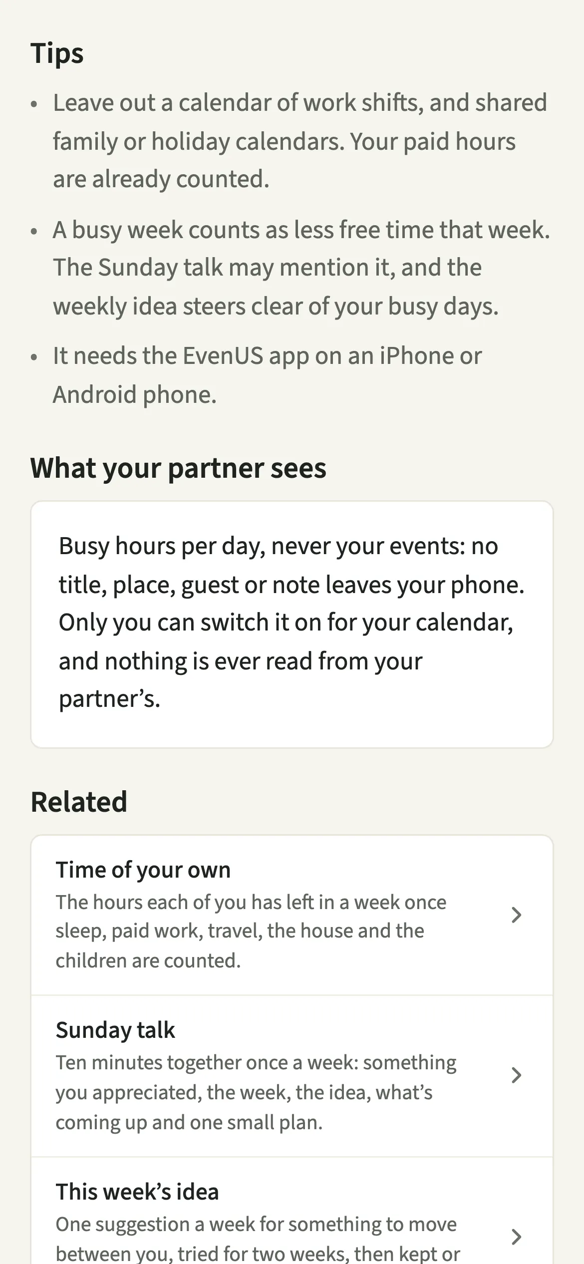 Tips from the EvenUS Calendar busy time guide: leave out work shifts and shared family calendars, and your partner sees busy hours only