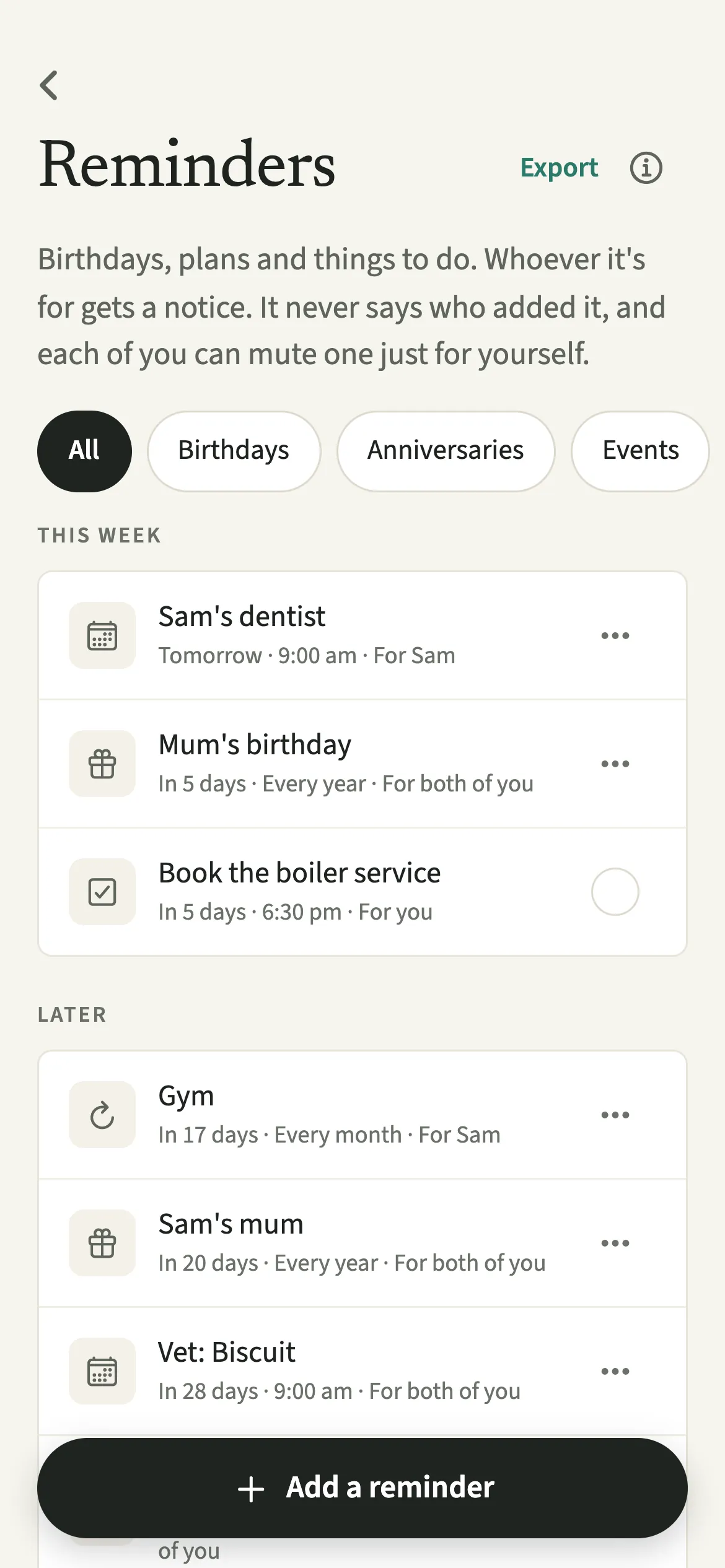 The EvenUS Reminders list with the Export link at the top right, which hands one calendar file to the phone’s share sheet