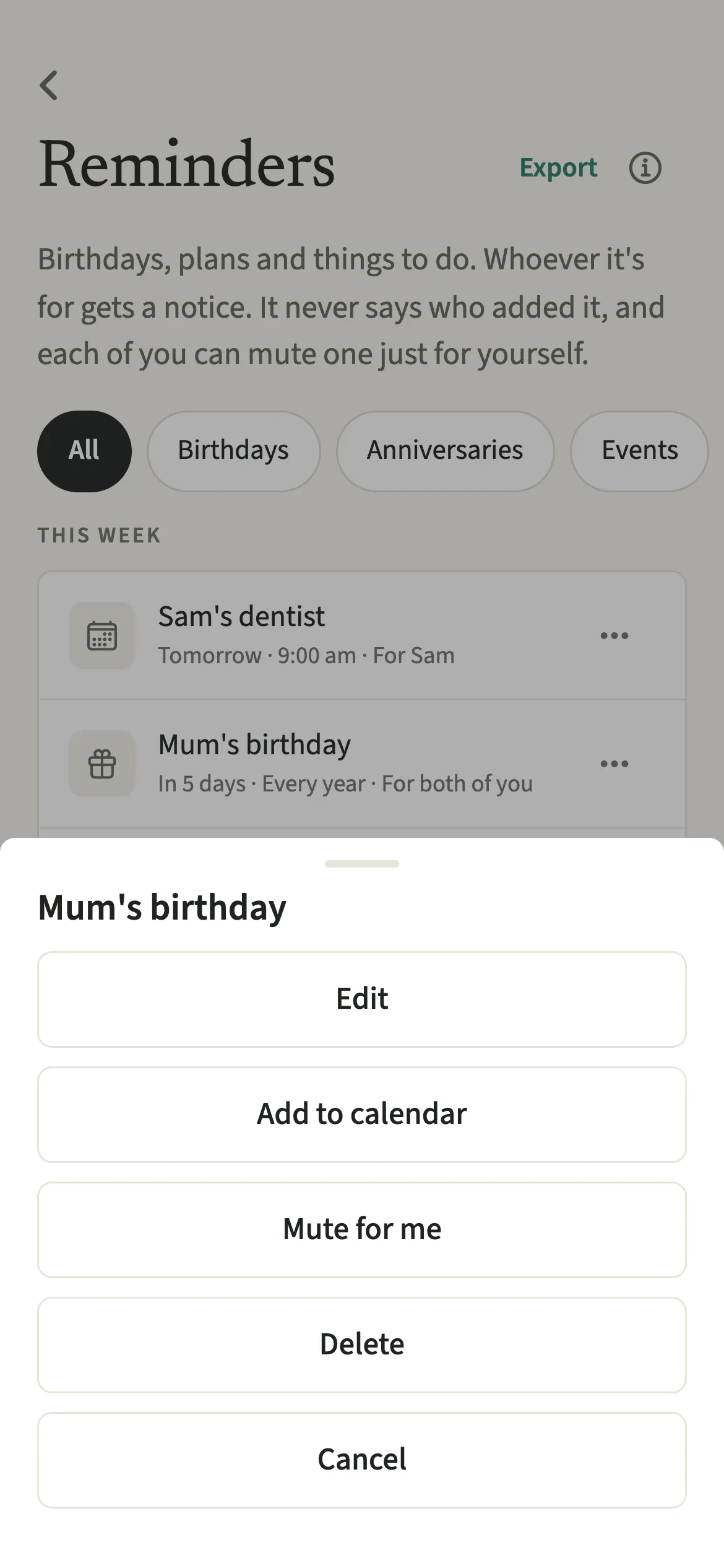 The press-and-hold menu on a birthday reminder in EvenUS, with Add to calendar among the options