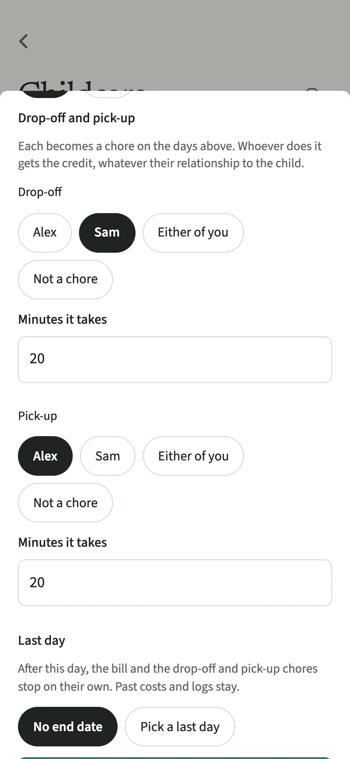 The EvenUS childcare form with drop-off assigned to one partner and pick-up to the other, and a note on who gets the credit