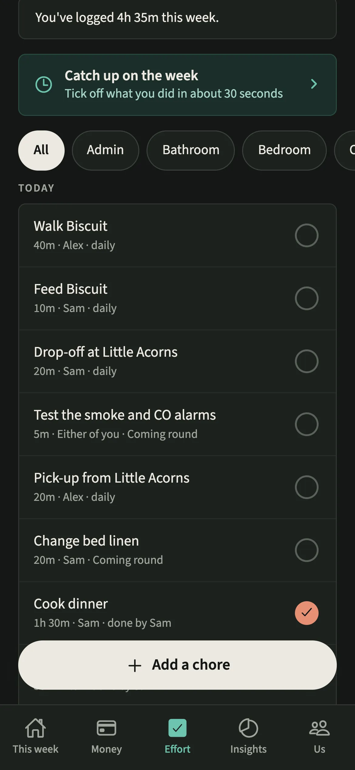 The EvenUS Effort tab in dark mode listing a daycare drop-off and pick-up as chores alongside the day's housework