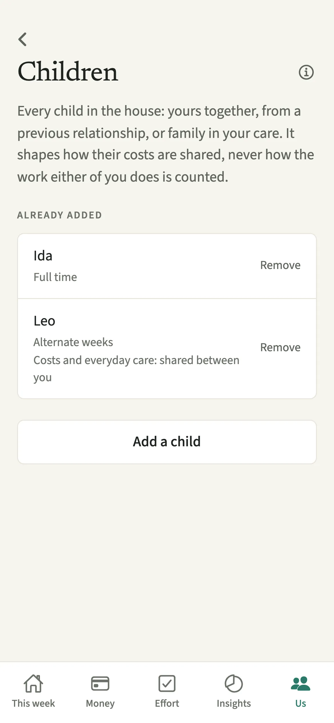 The EvenUS Children screen listing two children, one shared and one from a previous relationship, with who carries each child's costs