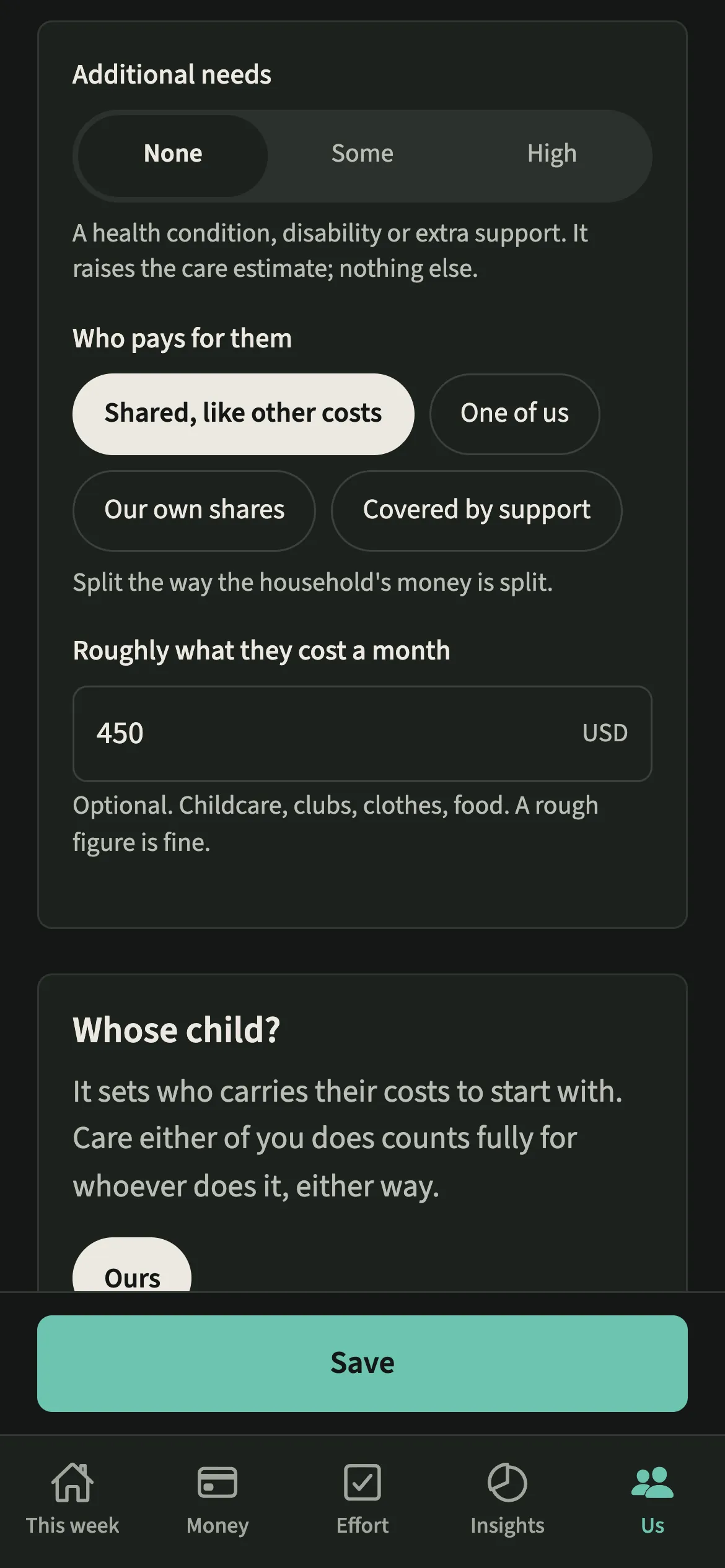 The EvenUS needs, costs and who pays section in dark mode, with costs shared like other costs and a rough monthly figure