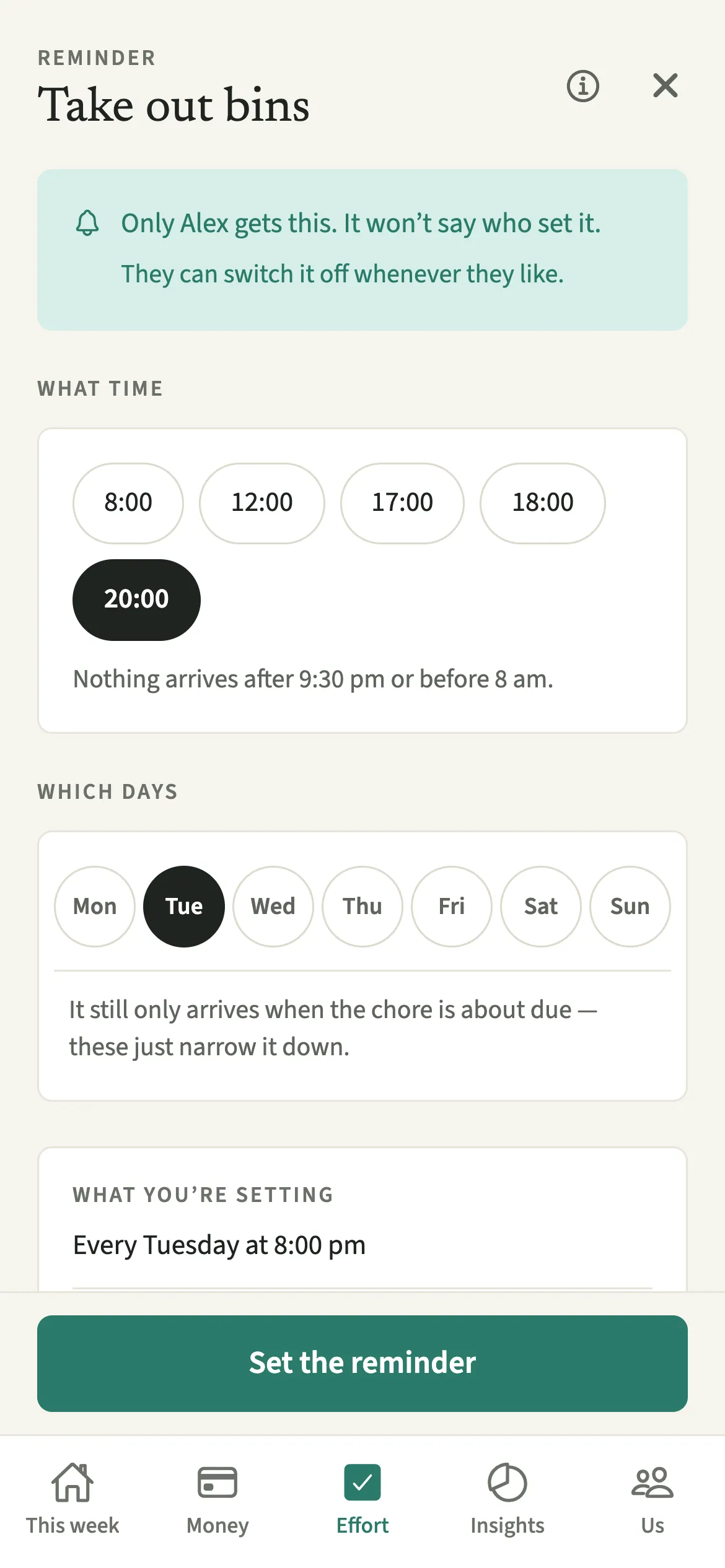 The EvenUS chore reminder screen for taking out the bins, saying only Alex gets it and it won’t say who set it, with 8 pm on Tuesdays