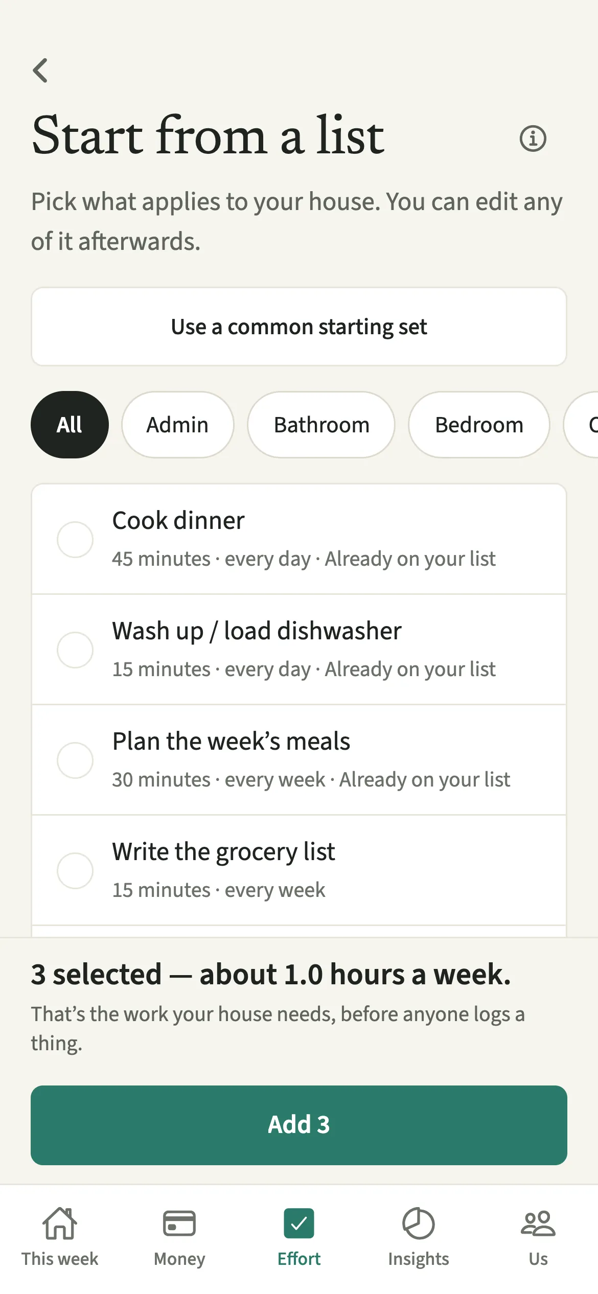 The EvenUS Start from a list screen with several common chores ticked and the weekly hours they add up to shown at the bottom