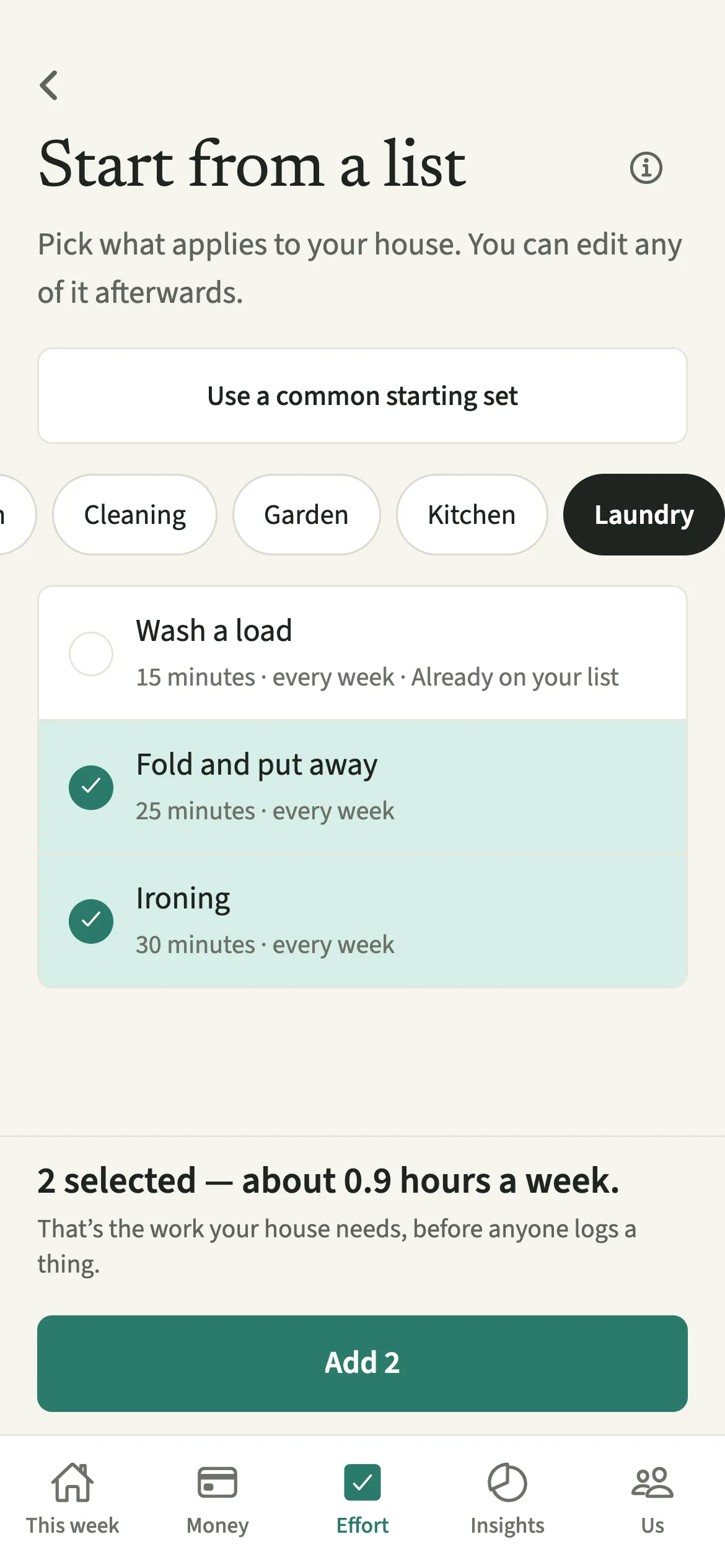 The EvenUS chore templates list filtered to laundry, showing each chore’s minutes and how often it comes round