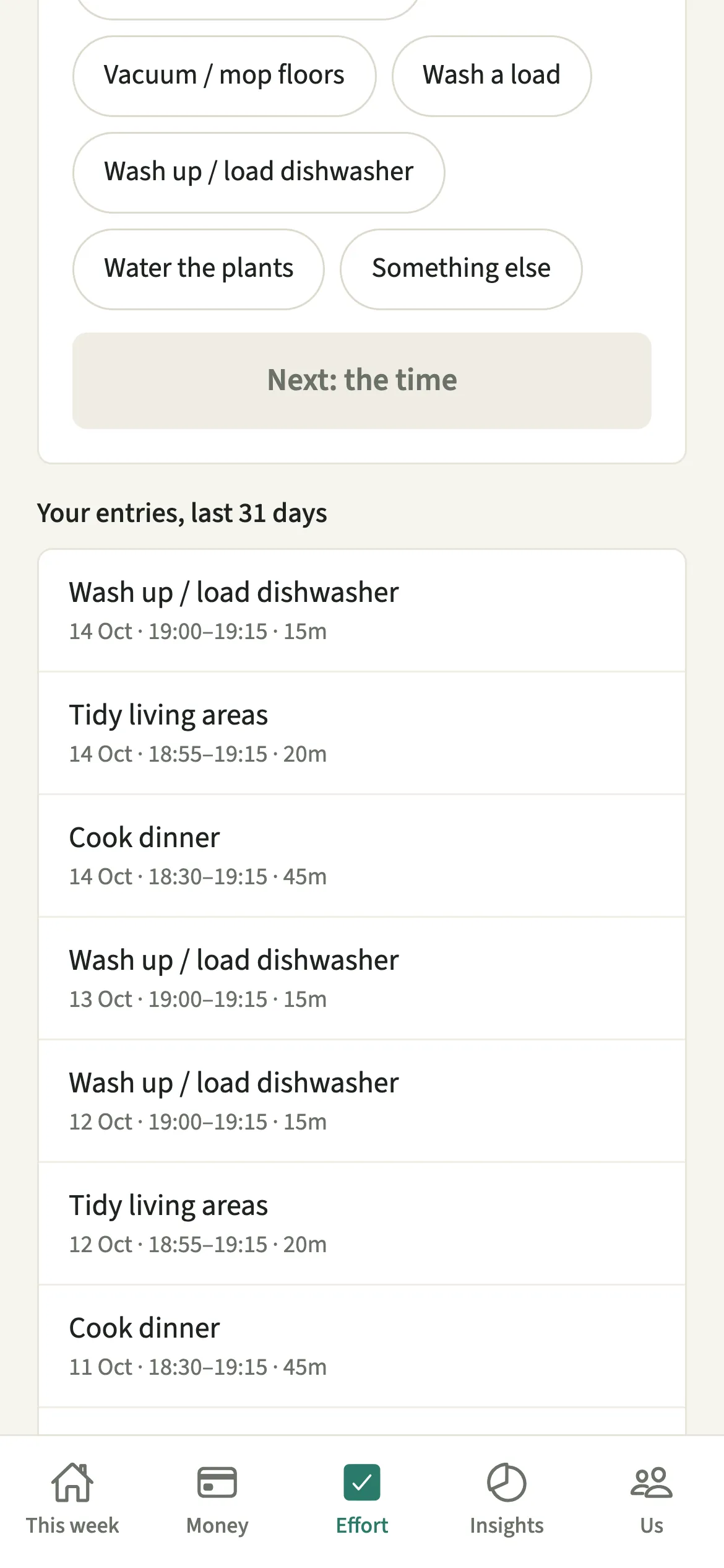 The EvenUS Add a chore you did screen with chore chips to pick from and a list of the person’s own entries from the last 31 days