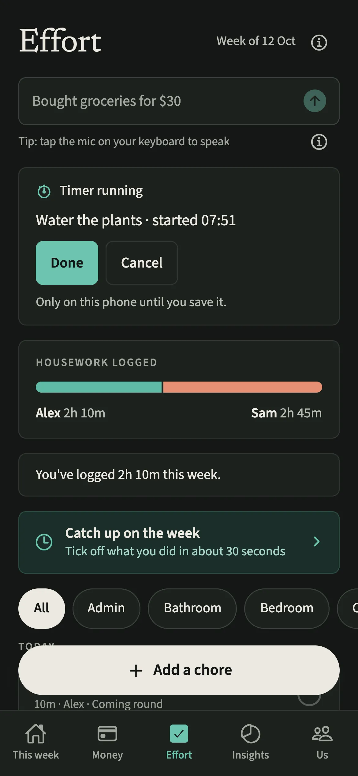 The EvenUS Effort tab in dark mode with a timer running banner for a hoovering chore, showing its start time and a Done button