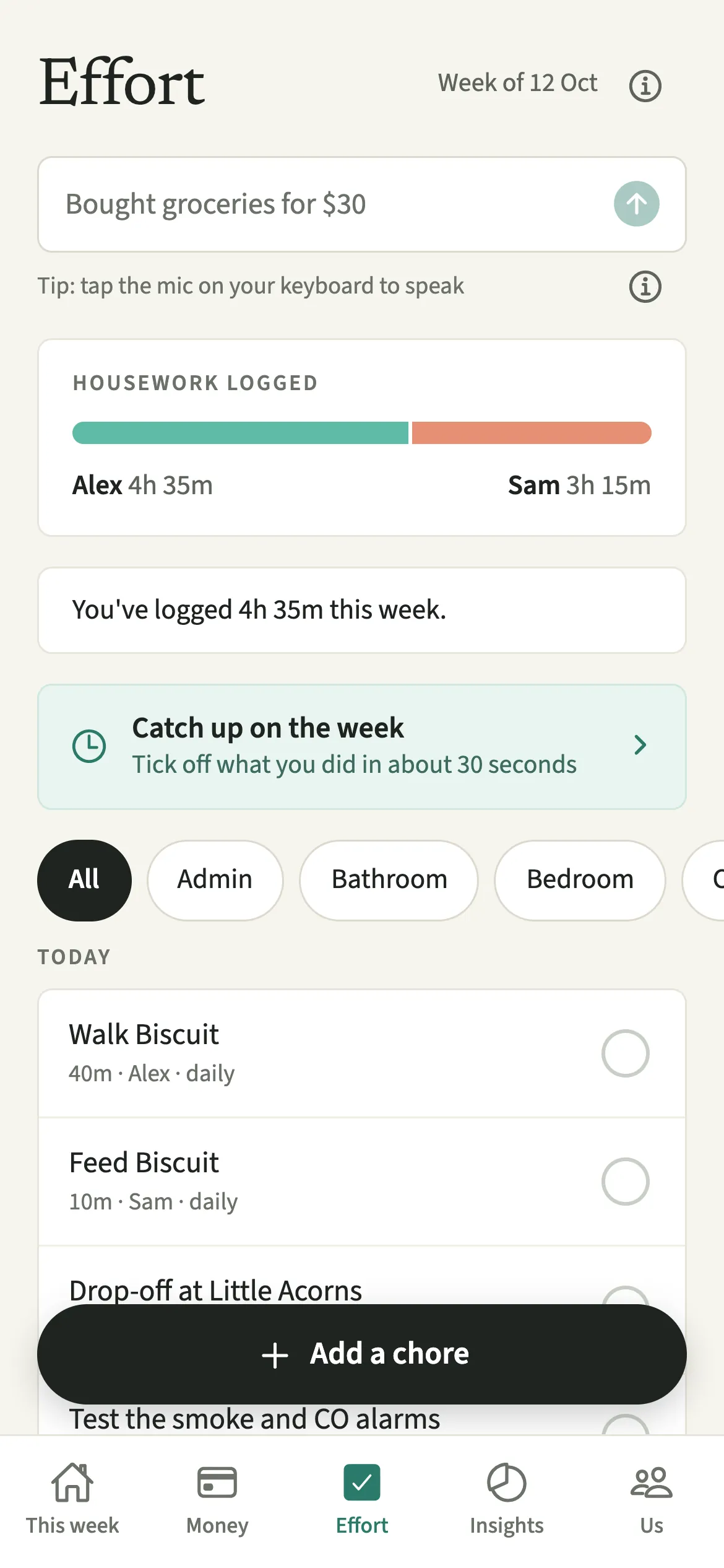 The EvenUS Effort tab showing the week’s Housework logged for each partner and a Today list of chores, each with its owner
