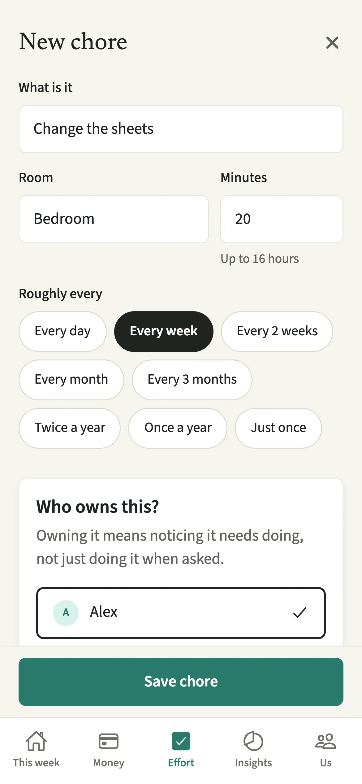 The EvenUS New chore form with every week chosen, Alex as owner and a short description of what done looks like