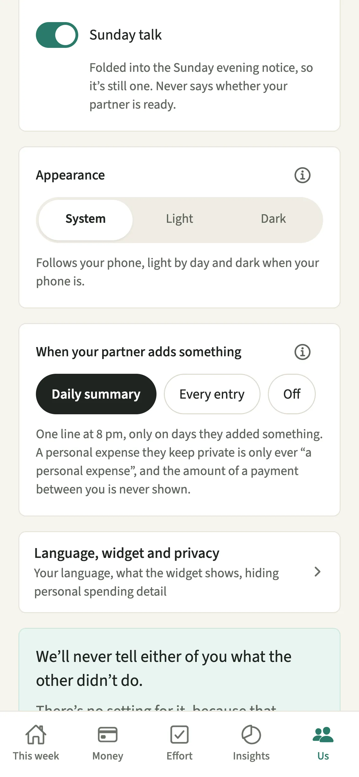 The EvenUS Us tab on Preferences, showing the Appearance card with System, Light and Dark options and System selected
