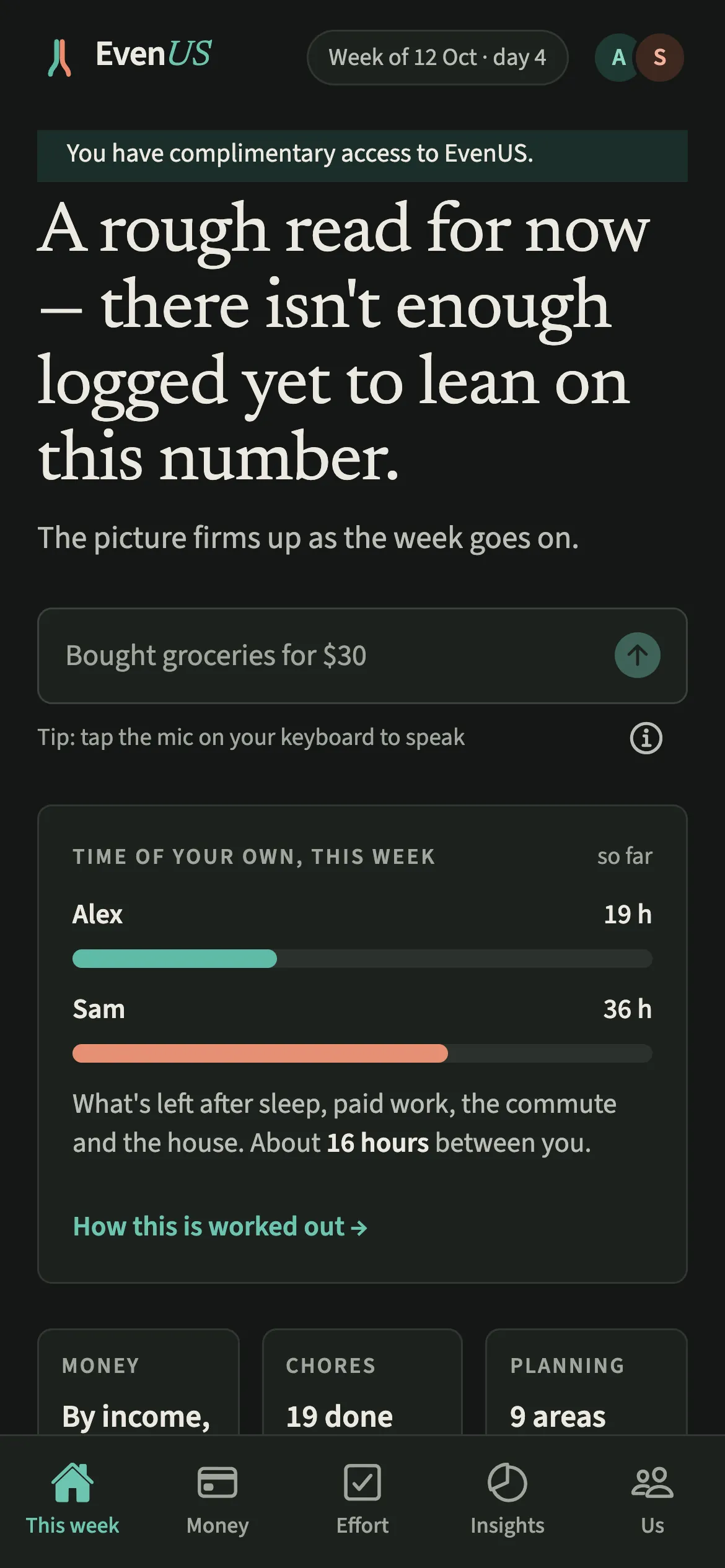 The EvenUS This week tab in dark mode for Alex and Sam, with the week’s summary and both partner colours on a dark background