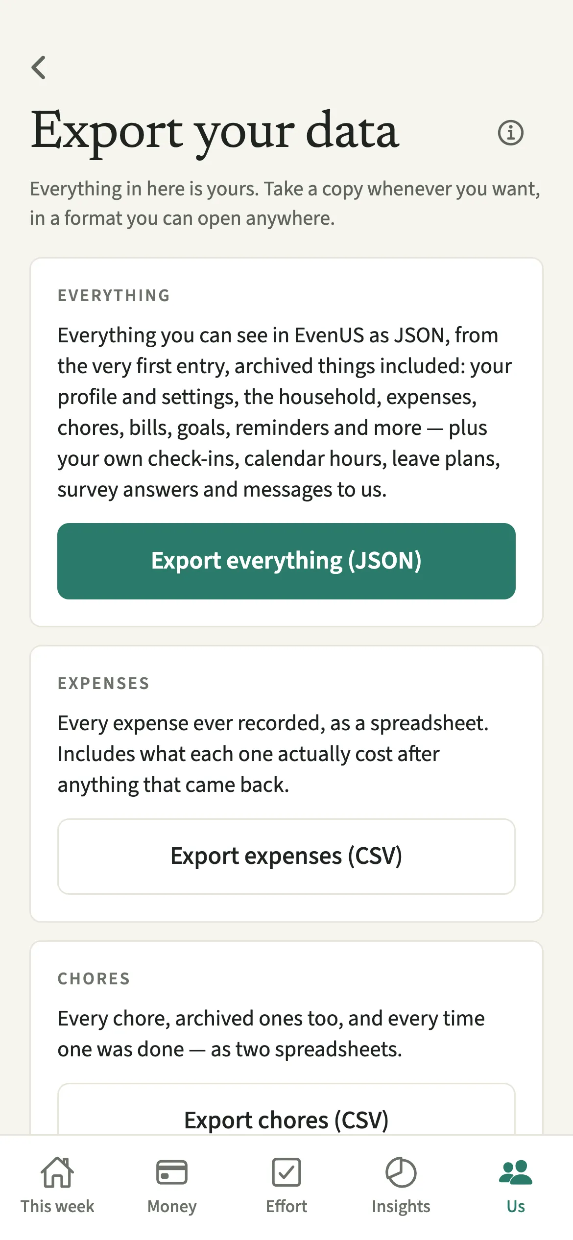 The EvenUS Export your data screen with buttons for expenses, bills, chores and chore log spreadsheets and a full JSON export
