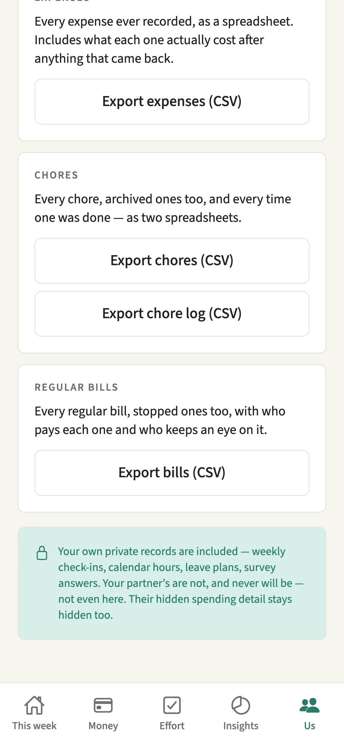 The expenses, chores and bills export buttons on the EvenUS export screen; each file goes to the phone’s share sheet