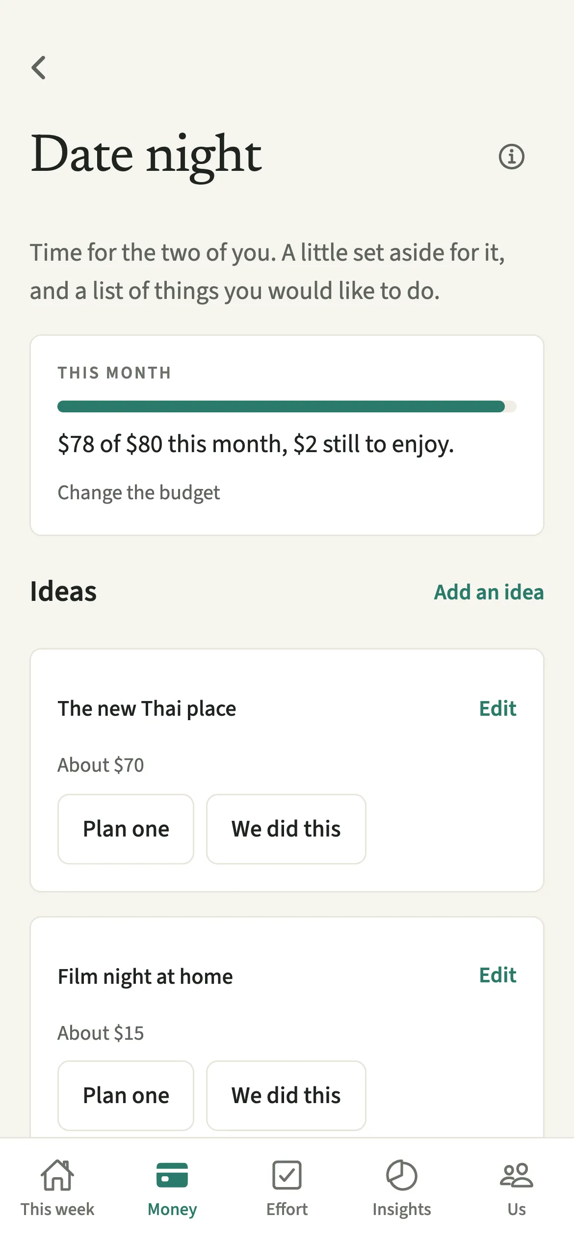 The EvenUS Date night screen with this month’s date-night budget at the top and a shared list of ideas with rough costs