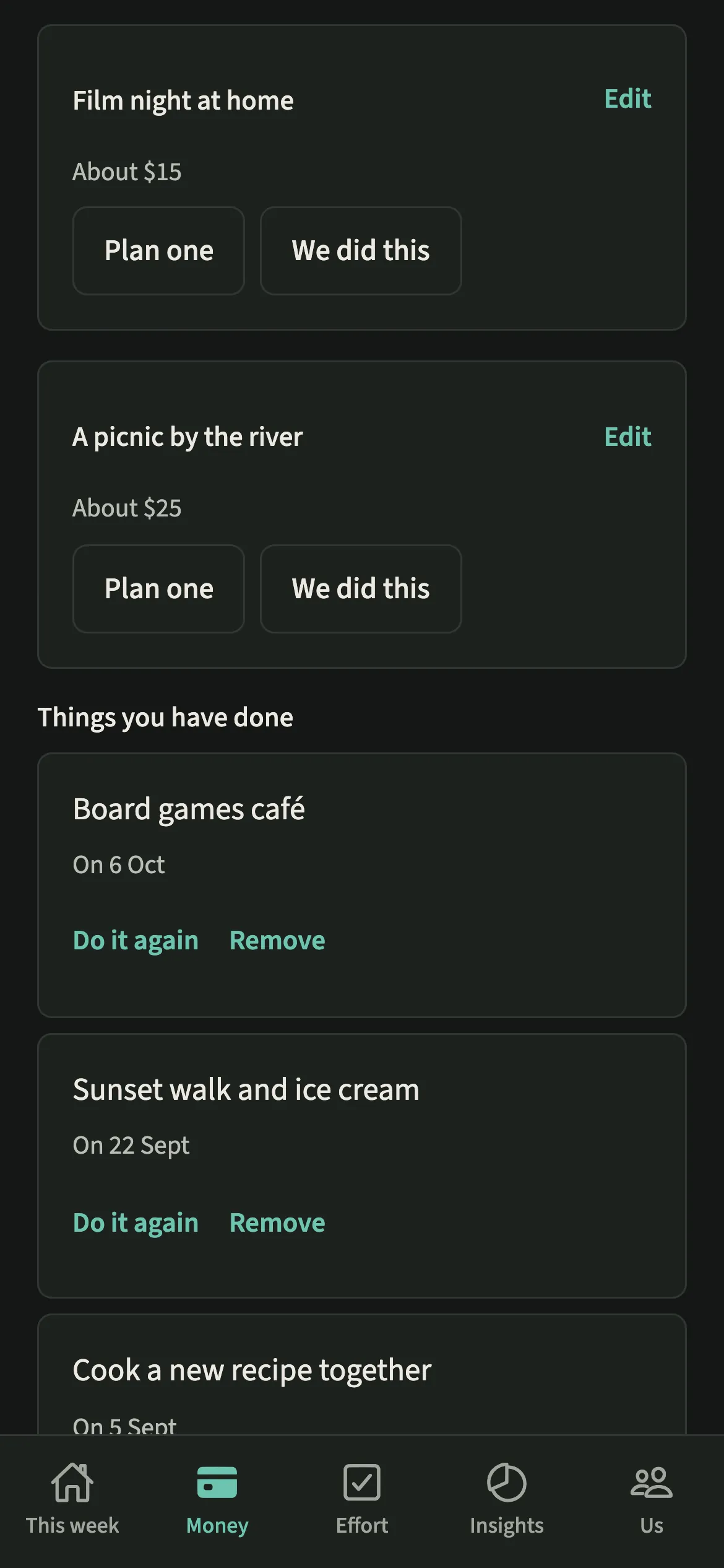 The Things you have done list in EvenUS dark mode with past date nights, their dates and a Do it again button on each