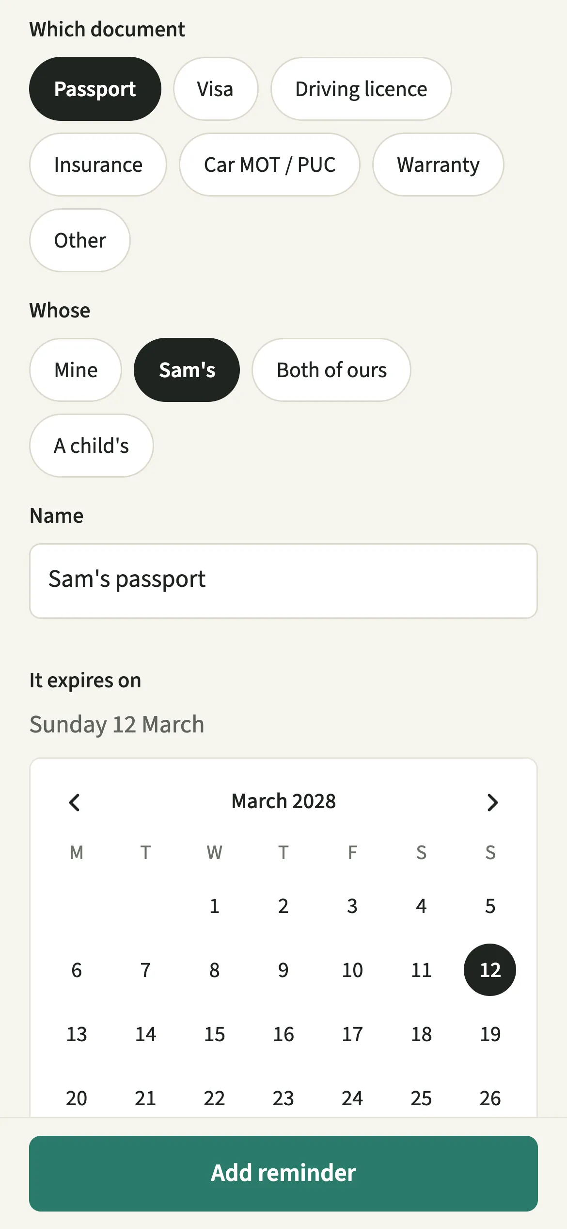 The EvenUS New reminder form for Sam’s passport, with Passport and Sam’s chosen and the expiry date picked in March 2028