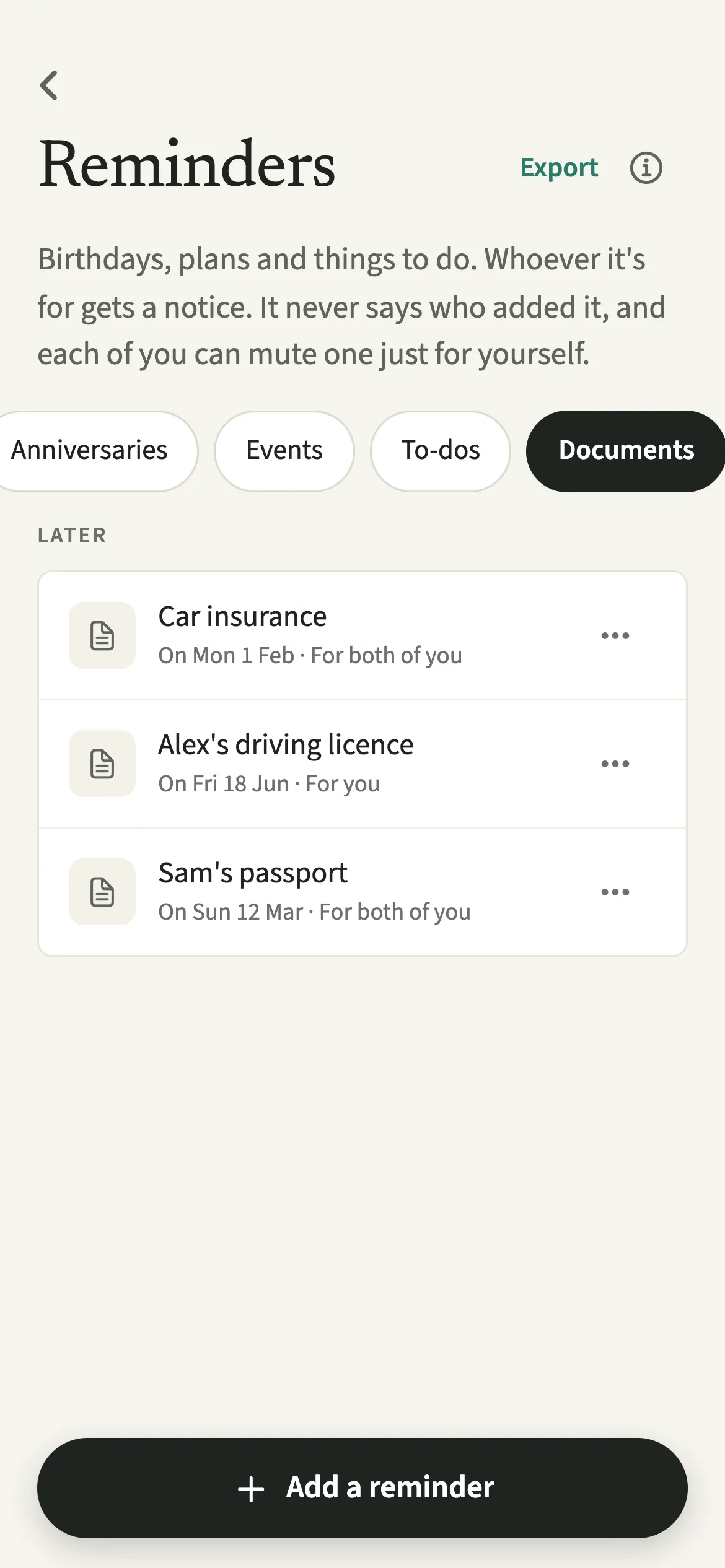 The EvenUS Reminders list filtered to Documents, showing a passport, a driving licence and car insurance with who each is for