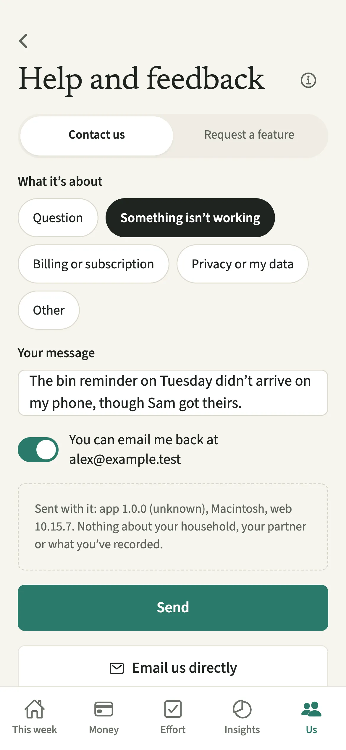 The EvenUS Help and feedback screen with Contact us selected, a topic chosen, a typed message and the email reply switch on
