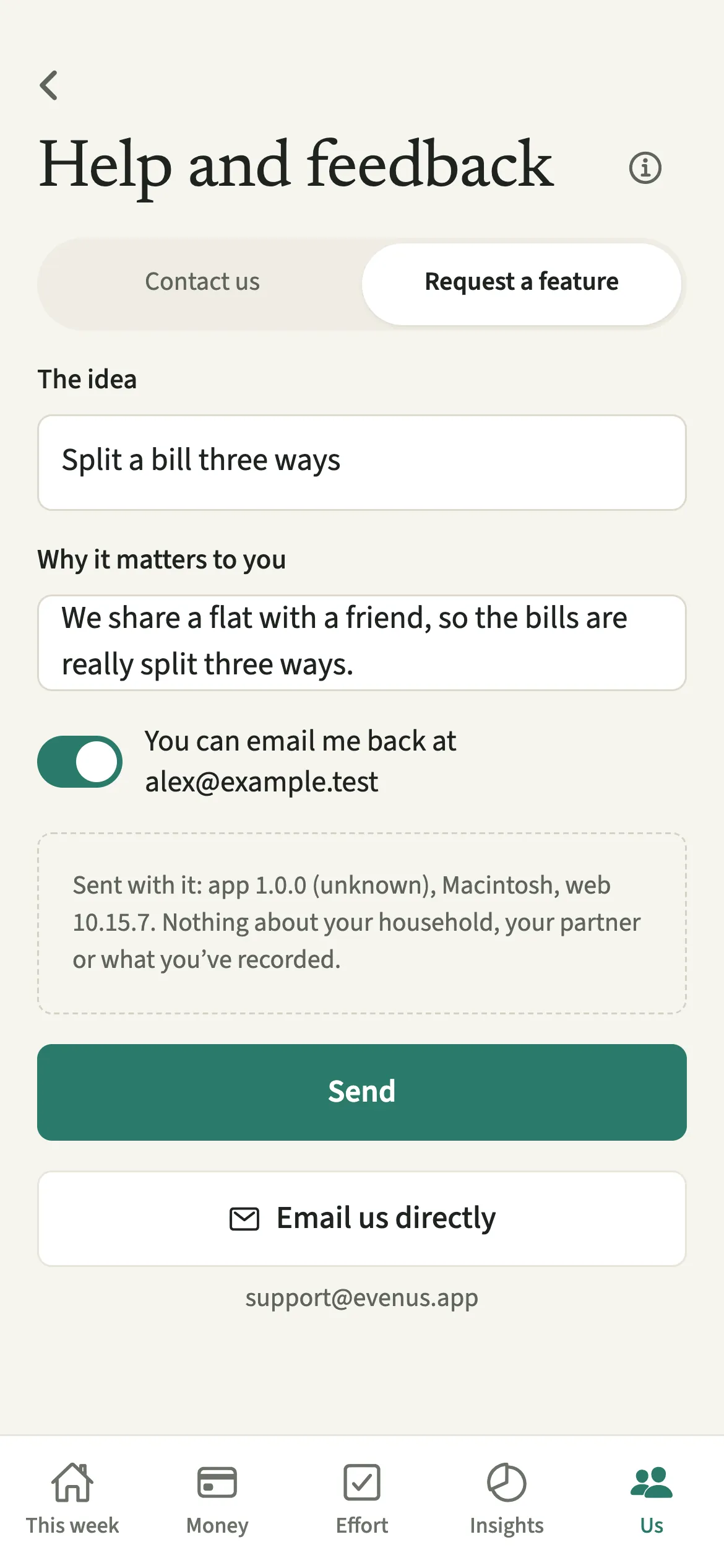 The EvenUS Request a feature form with a short idea name and a sentence explaining why it matters to the household