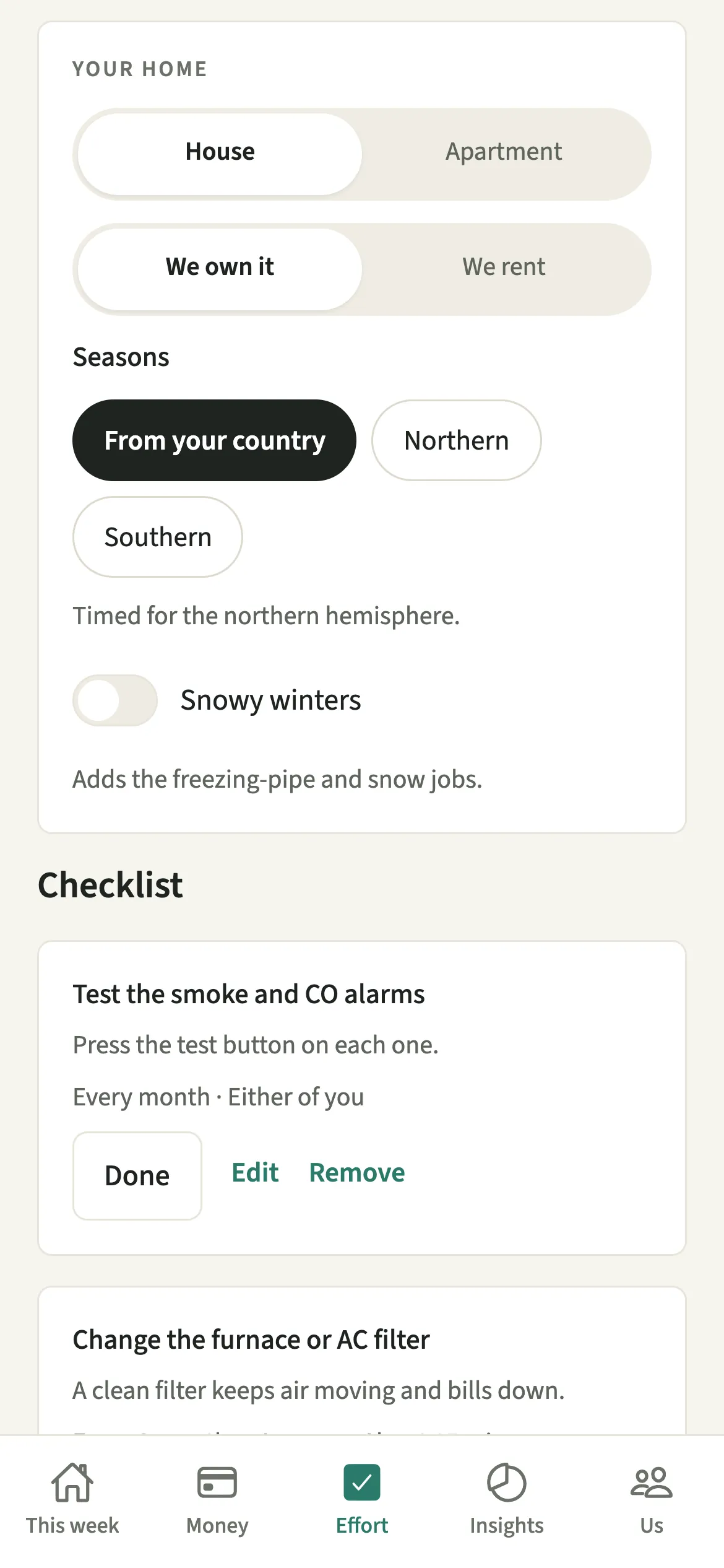 The EvenUS Home maintenance screen with house and owner chosen, the seasons setting and a checklist of jobs with their months