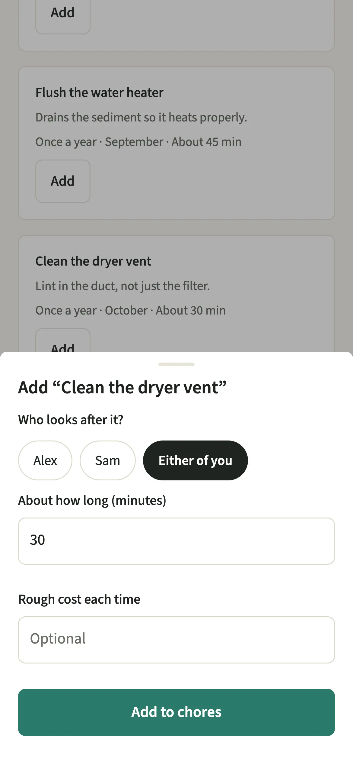 The EvenUS sheet for adding a maintenance job, with the owner set to Either of you, about 30 minutes, an optional rough cost and Add to chores