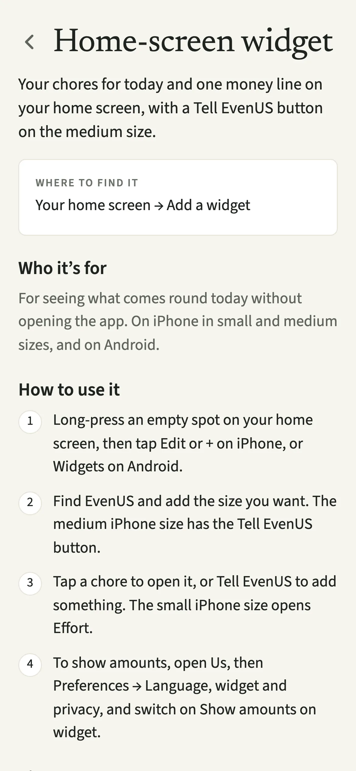 The EvenUS guide for the home-screen widget, showing where to find it, who it is for and how to add the medium size with Tell EvenUS