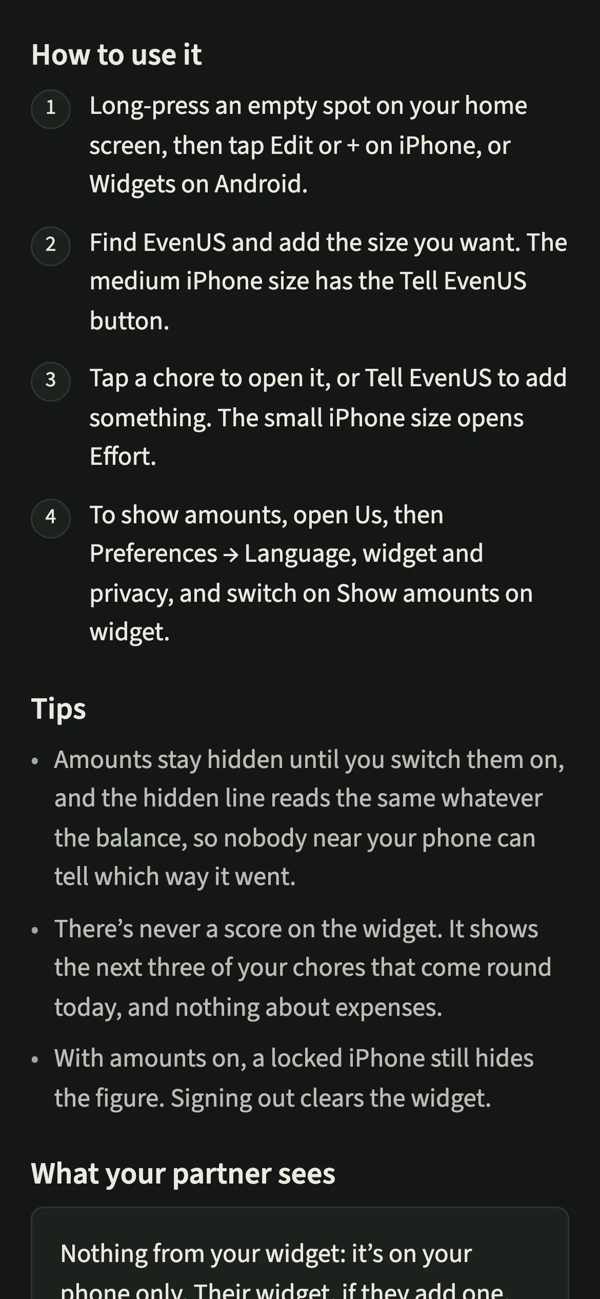 The home-screen widget steps and tips in EvenUS, including switching on Show amounts on widget and that there is never a score on it