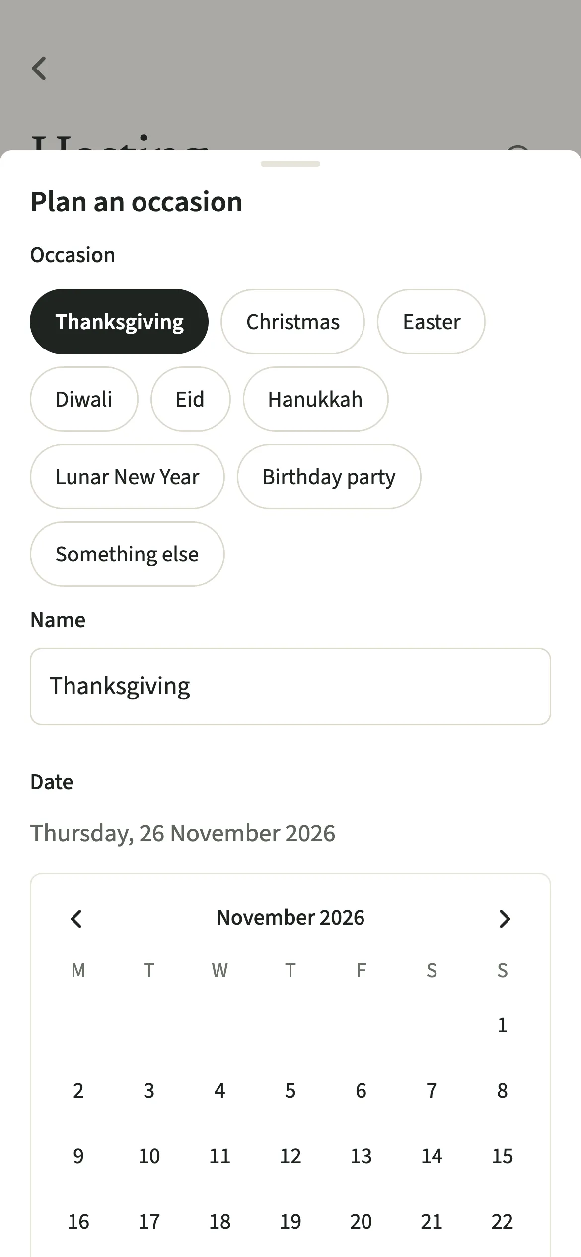 The EvenUS Plan an occasion sheet with Thanksgiving chosen as the occasion and a late-November date picked on the calendar