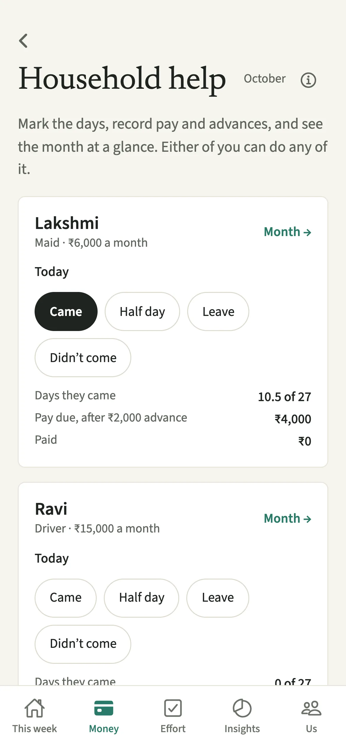 The EvenUS Household help screen with cards for a maid and a driver, showing pay, days so far and buttons to mark today