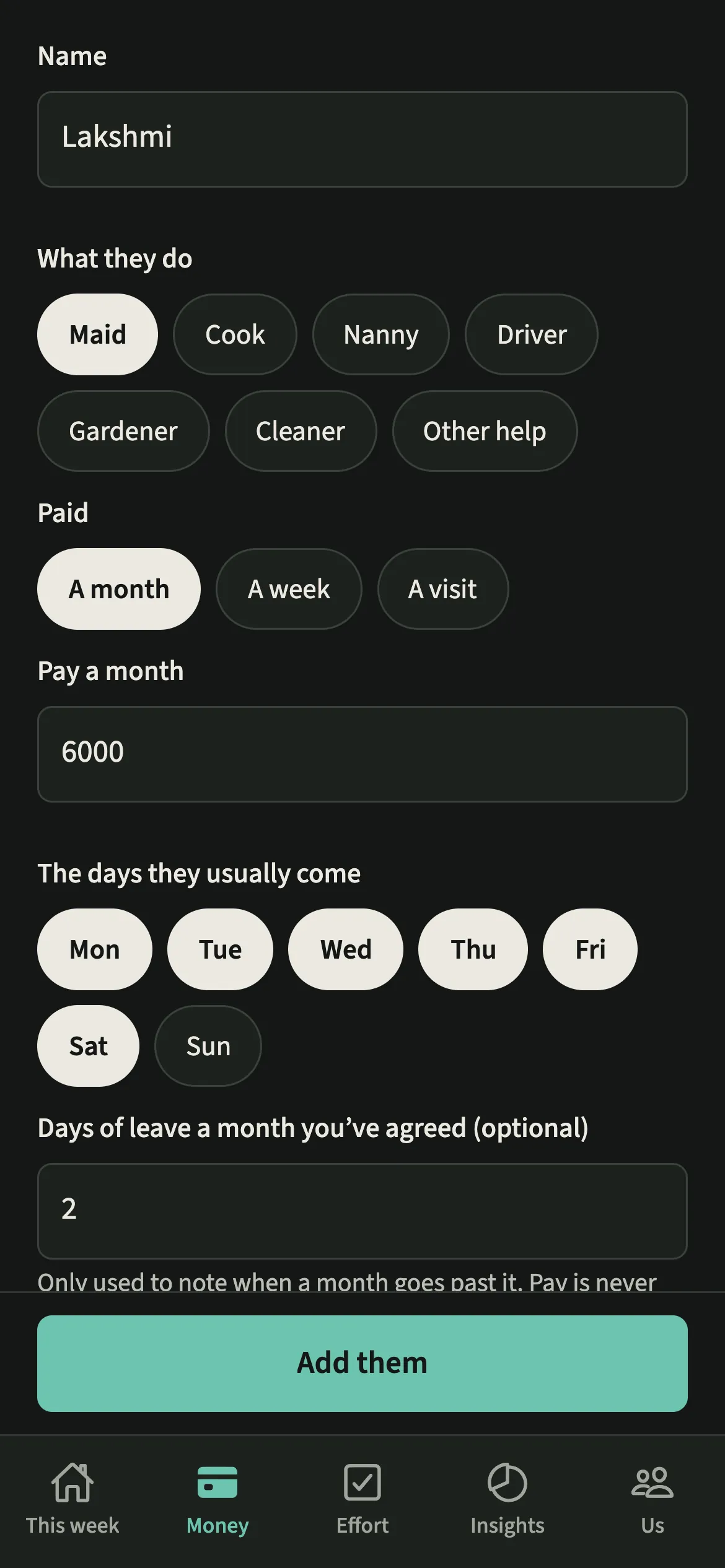 The Add someone form in EvenUS dark mode with a maid’s name, monthly pay, usual working days and agreed days of leave filled in
