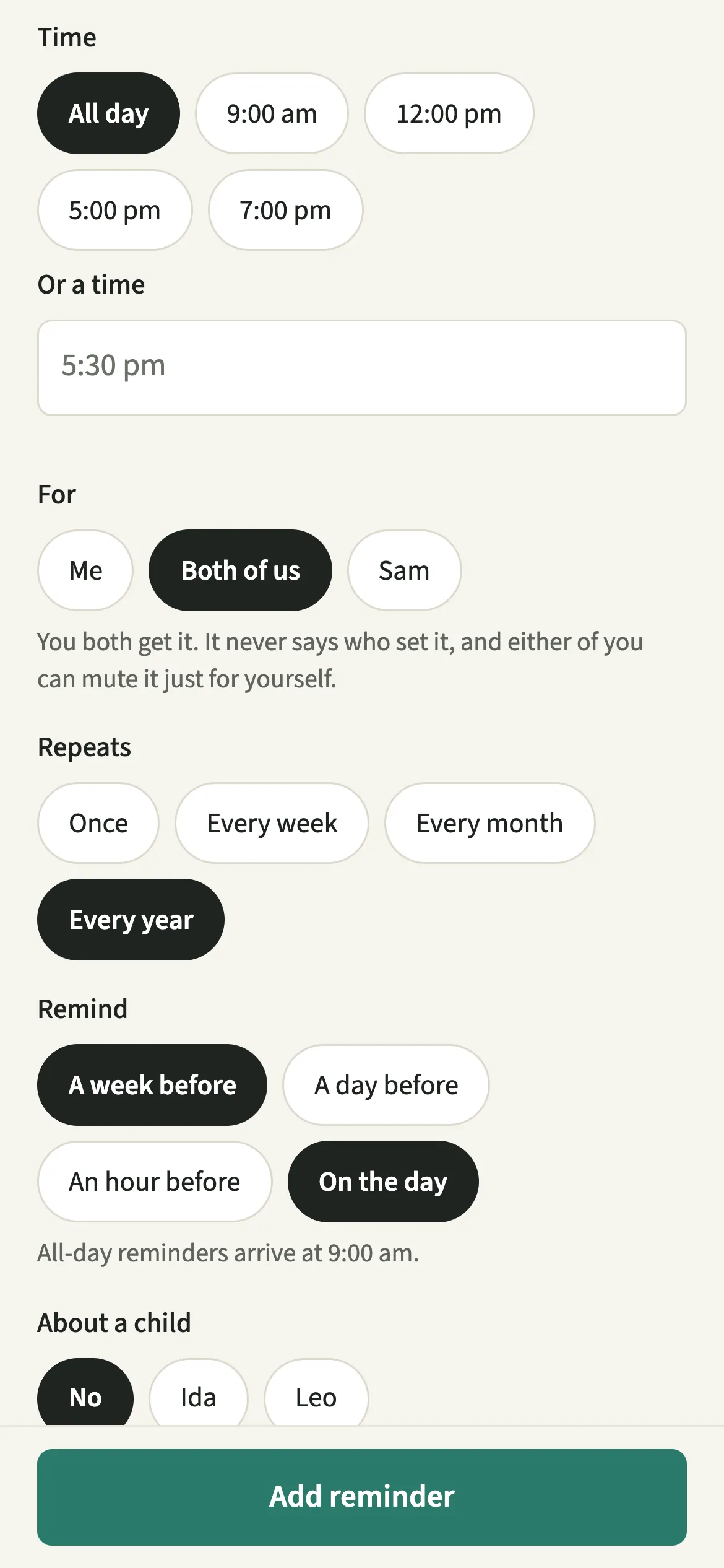 The EvenUS New reminder form for a birthday set for both partners, repeating every year with a week's notice