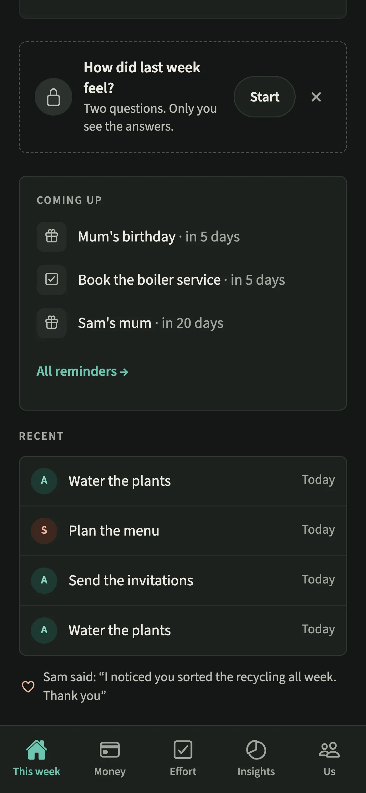 The Coming up card on the EvenUS This week tab in dark mode, listing a birthday and a dentist appointment in the next seven days