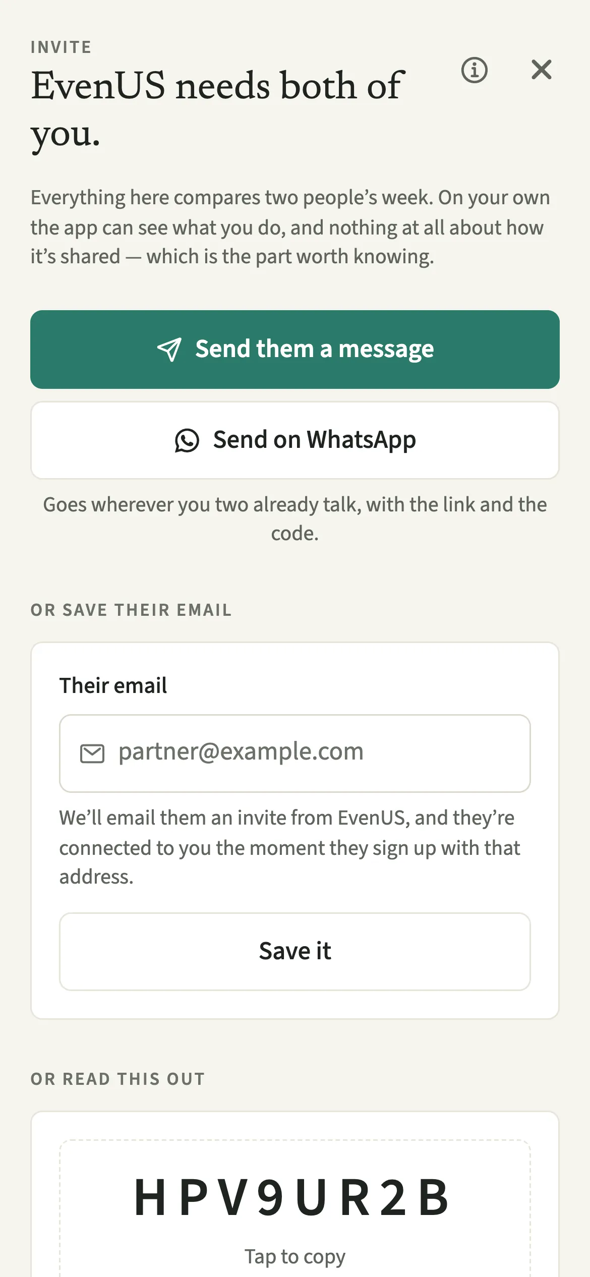 The EvenUS invite screen titled EvenUS needs both of you, with buttons to send a message or send on WhatsApp