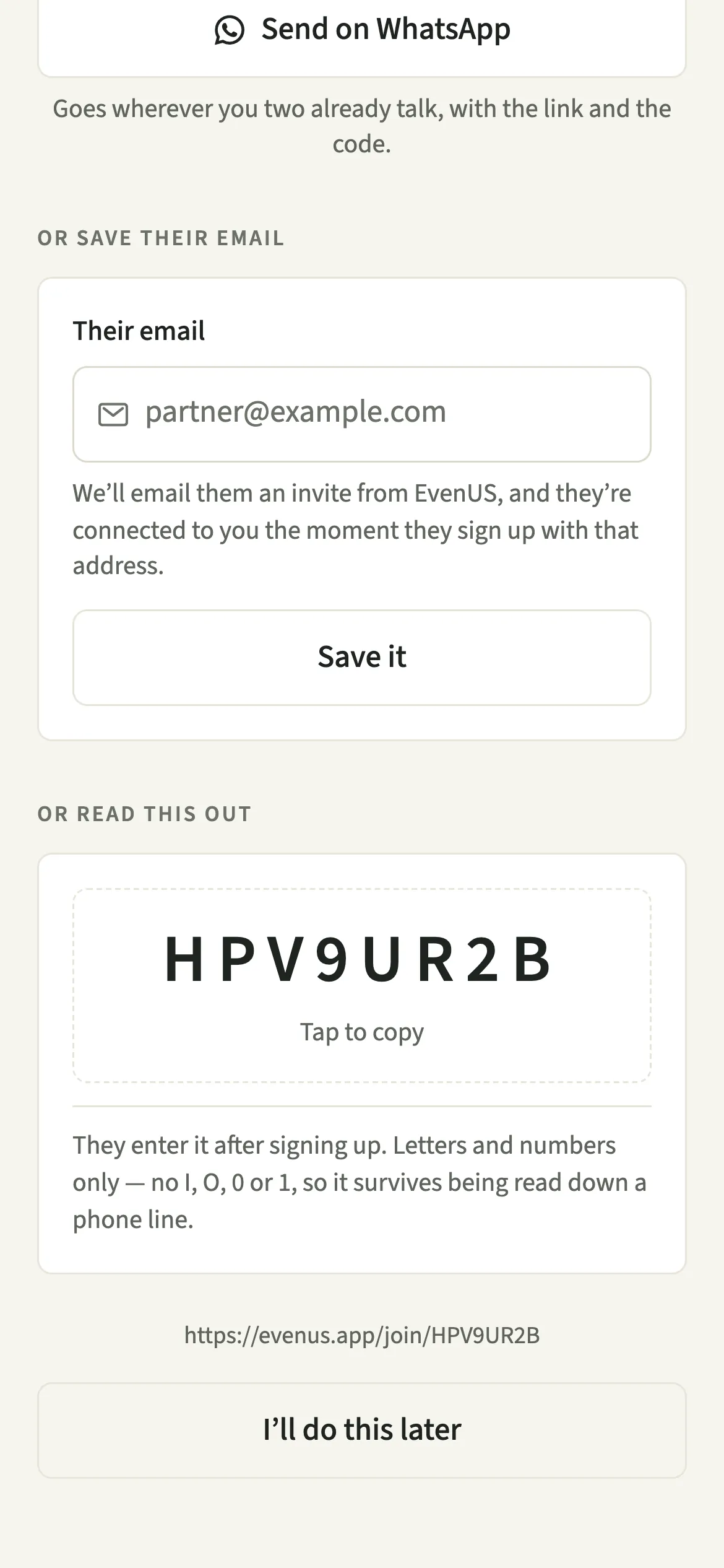 The invite screen sections to save a partner’s email and to read out an eight-character code, with a Tap to copy hint