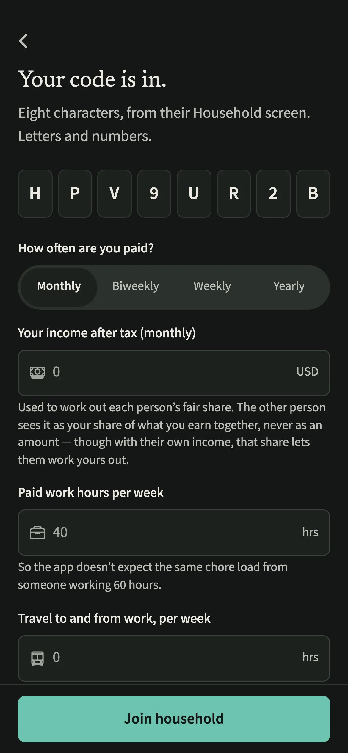 The EvenUS join form in dark mode with the invite code already filled in after the partner opened the shared link