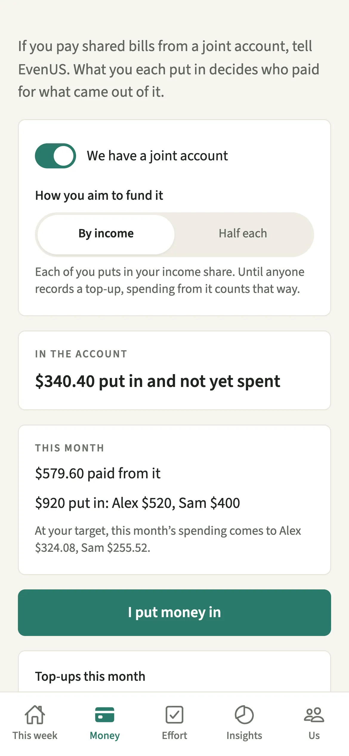 The EvenUS Joint account screen showing what is in the account, this month’s spending from it and top-ups from each partner