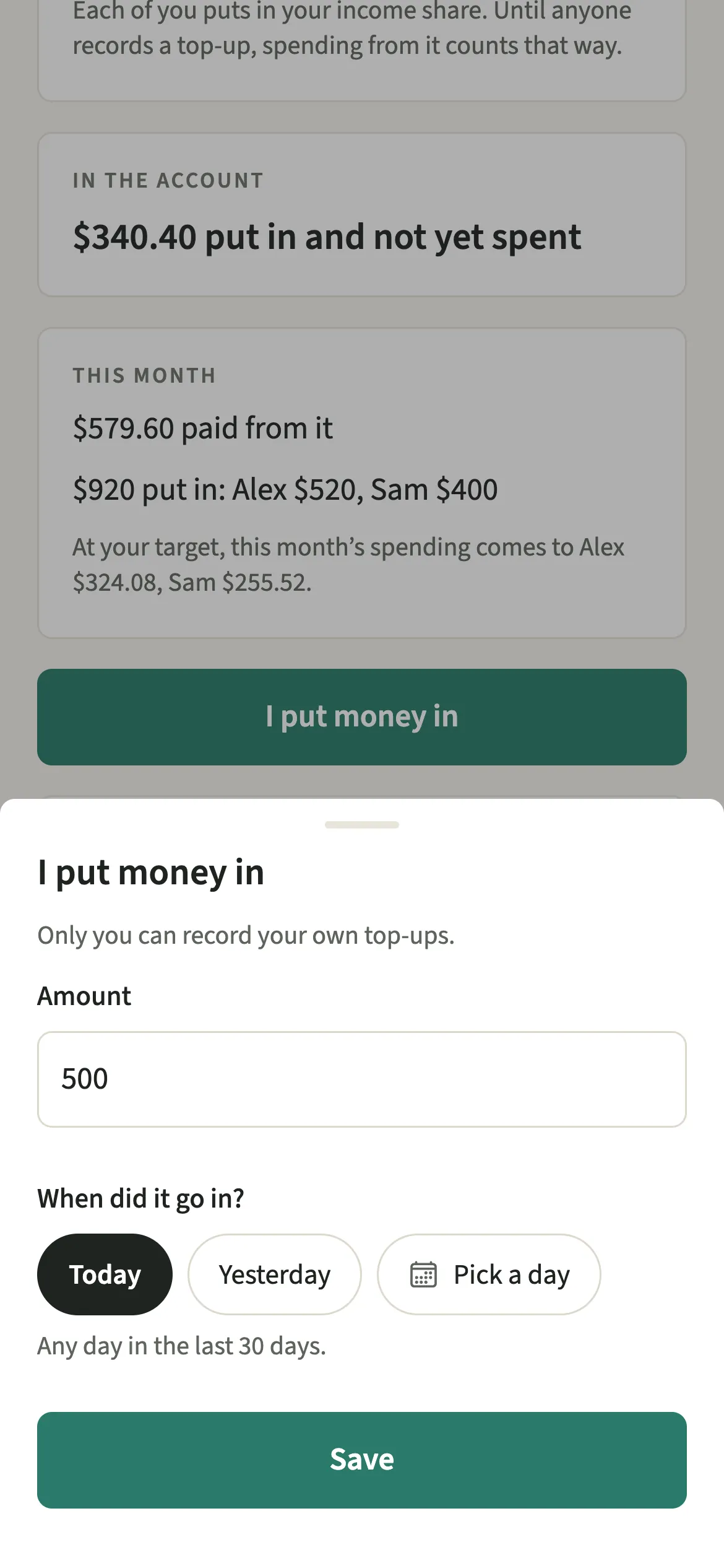 The I put money in sheet on the EvenUS Joint account screen with a top-up amount entered and the note about recording your own