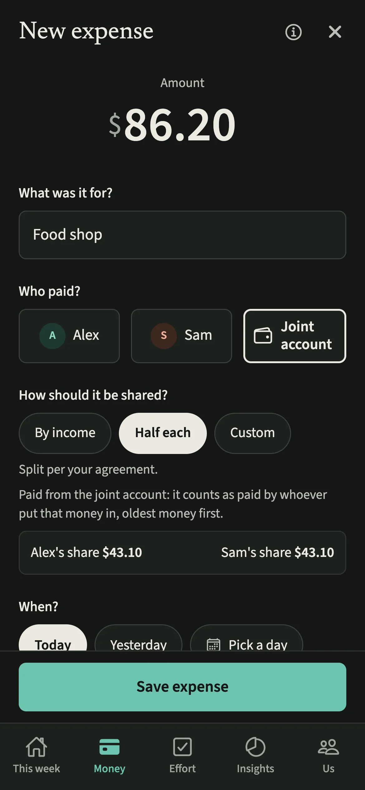 The EvenUS new expense form in dark mode with Joint account chosen as the payer and a note on how joint spending is counted