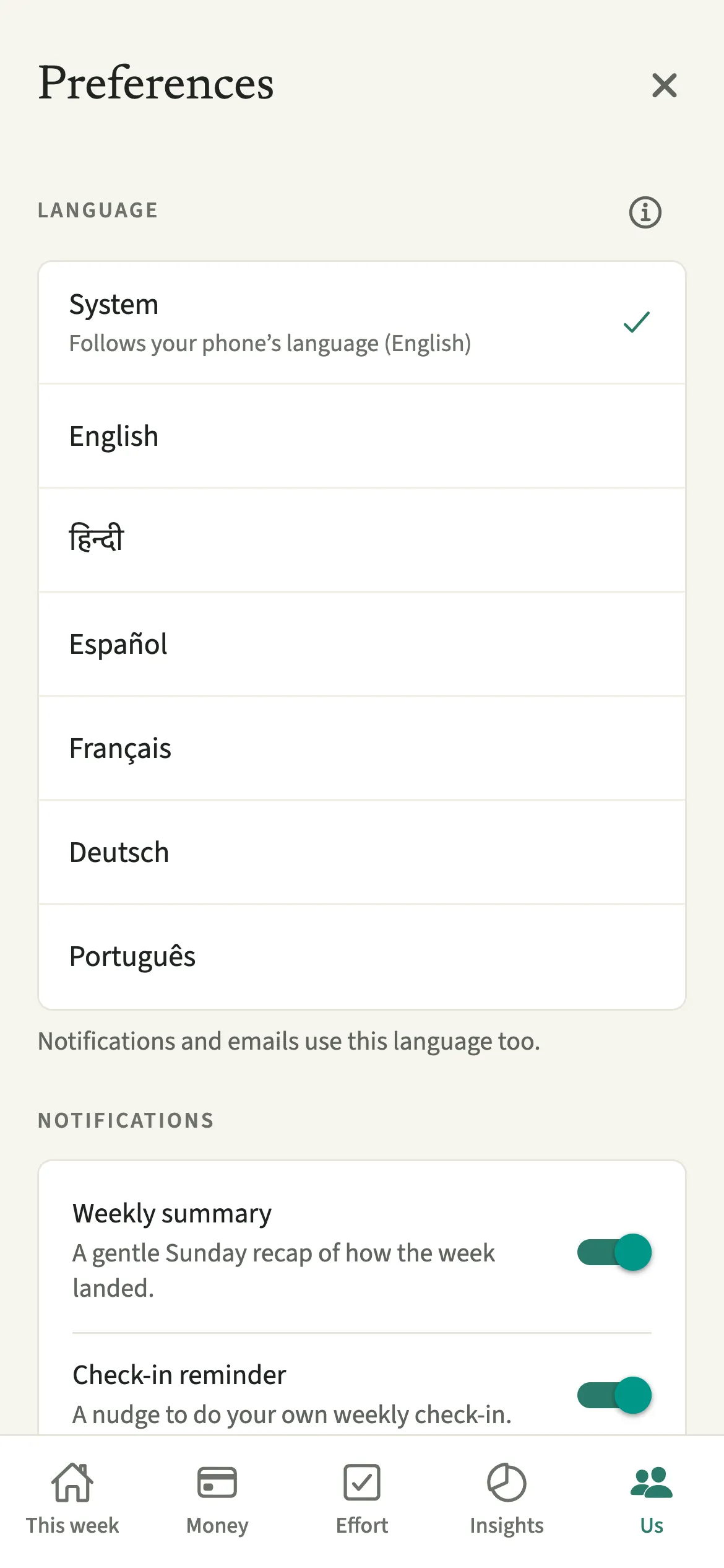 The EvenUS language list showing System and six languages, each written in its own script, with English ticked