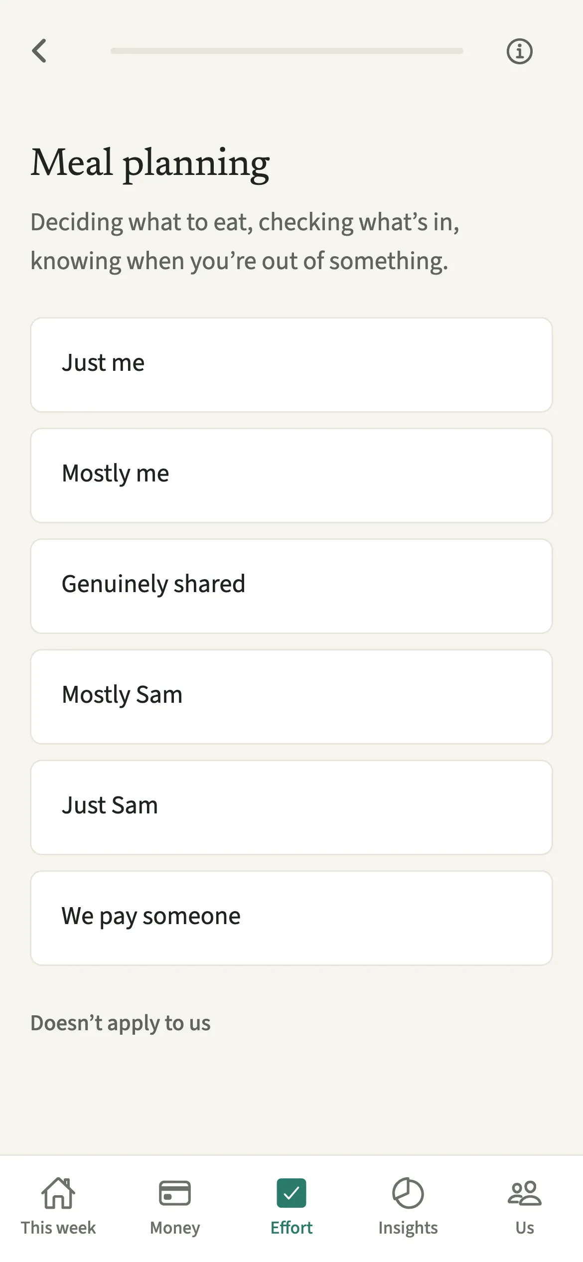 An EvenUS question card for meal planning, listing answers from Mostly me to Mostly Sam, We pay someone and Doesn't apply to us