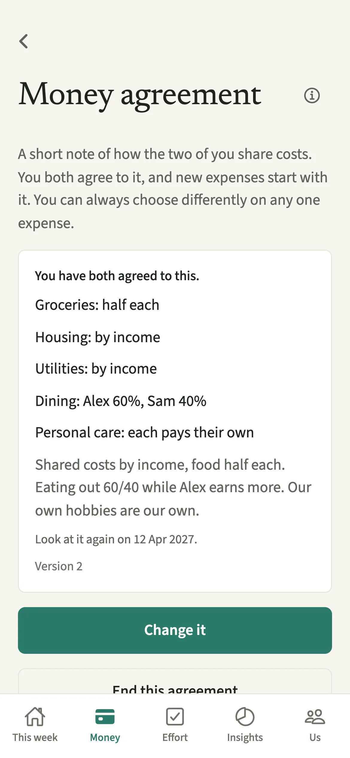 The EvenUS Money agreement screen showing a split chosen for each kind of cost and a note that both partners have agreed
