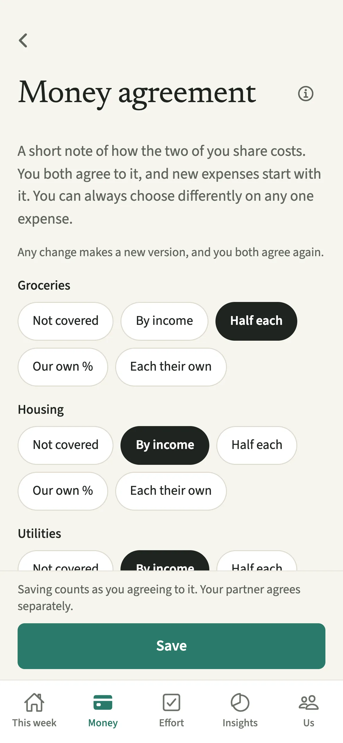 Writing a money agreement in EvenUS, with five split choices per category, a notes field and a review date picker above Save