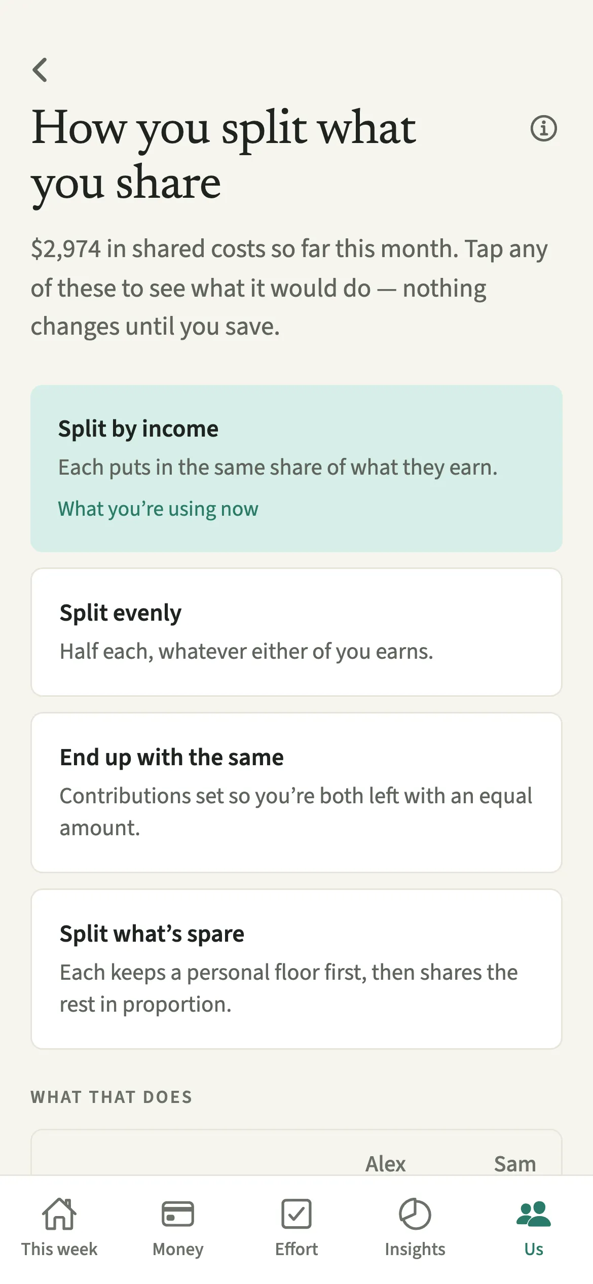 The EvenUS How you split what you share screen listing Split by income, Split evenly, End up with the same and Split what’s spare