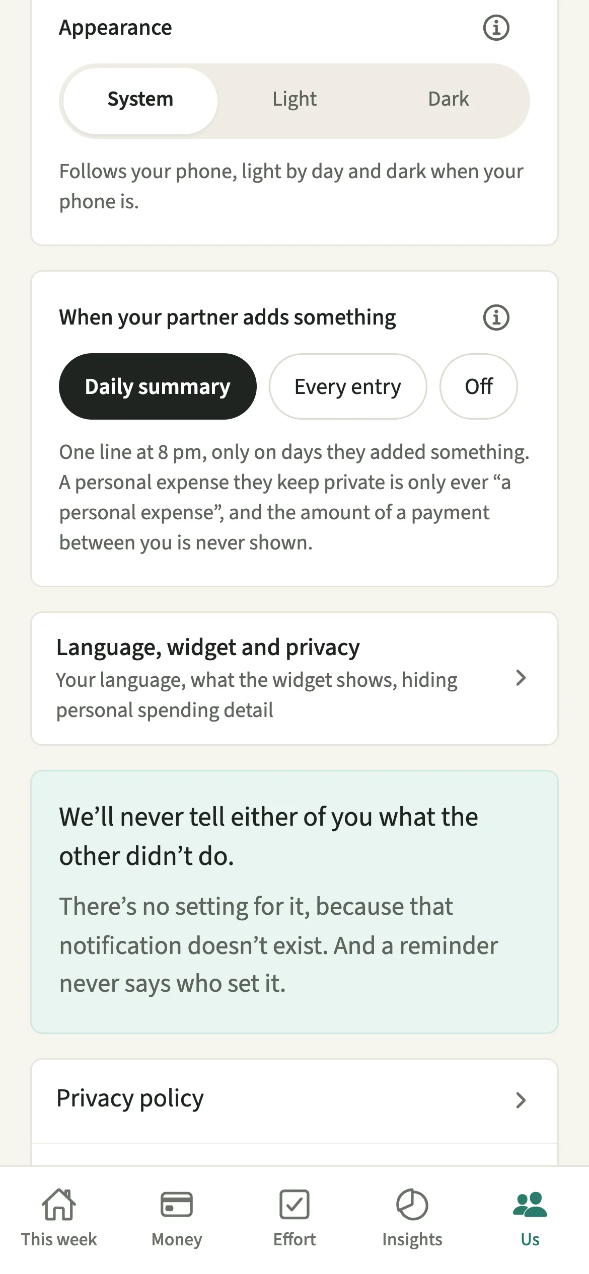 The EvenUS Us tab Preferences view showing When your partner adds something set to Daily summary, with Every entry and Off beside it