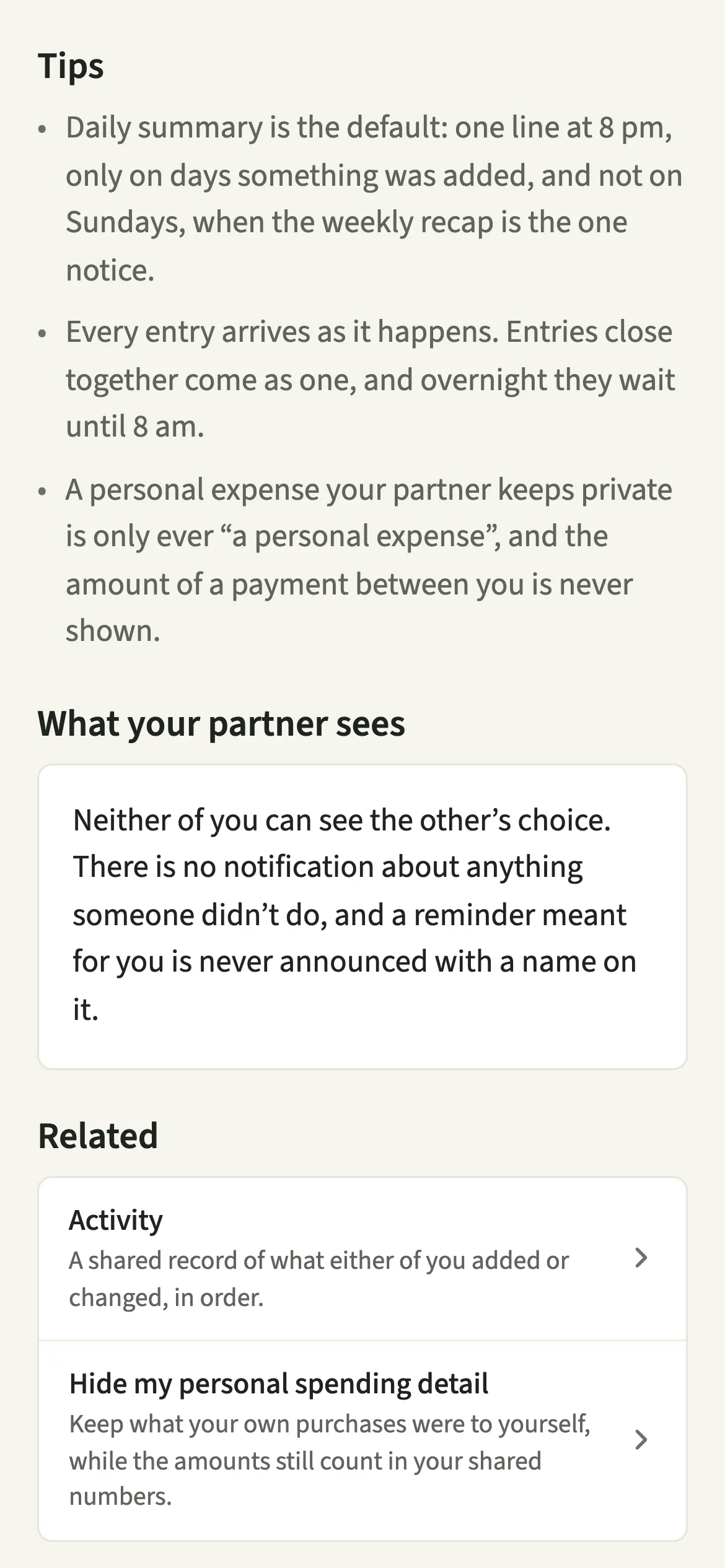 Tips from the EvenUS guide for When your partner adds something, describing the one-line daily summary at 8 pm