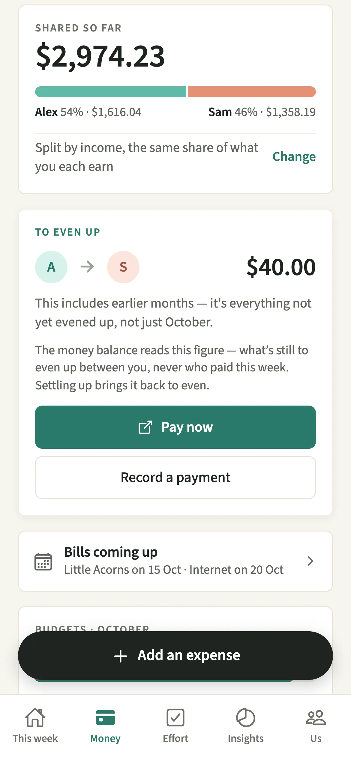 The To even up card on the EvenUS Money tab showing Alex as the sender, with the Pay now button beside Record a payment